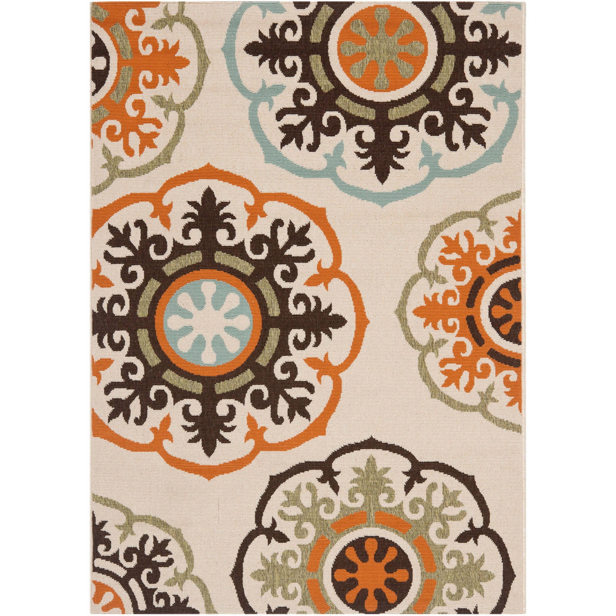 Cream and Terracotta Floral Indoor/Outdoor Washable Rug, 6'7" x 9'6"