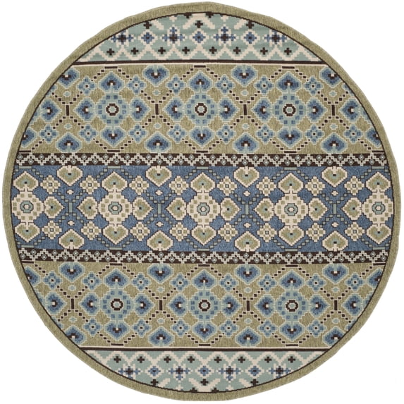 SAFAVIEH Veranda Moriah Geometric Indoor/Outdoor Area Rug, Green/Blue, 3' x 3' Round