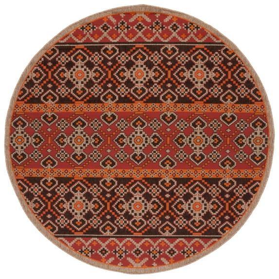 SAFAVIEH Veranda Moriah Geometric Indoor/Outdoor Area Rug, Red/Chocolate, 6'7" x 6'7" Round
