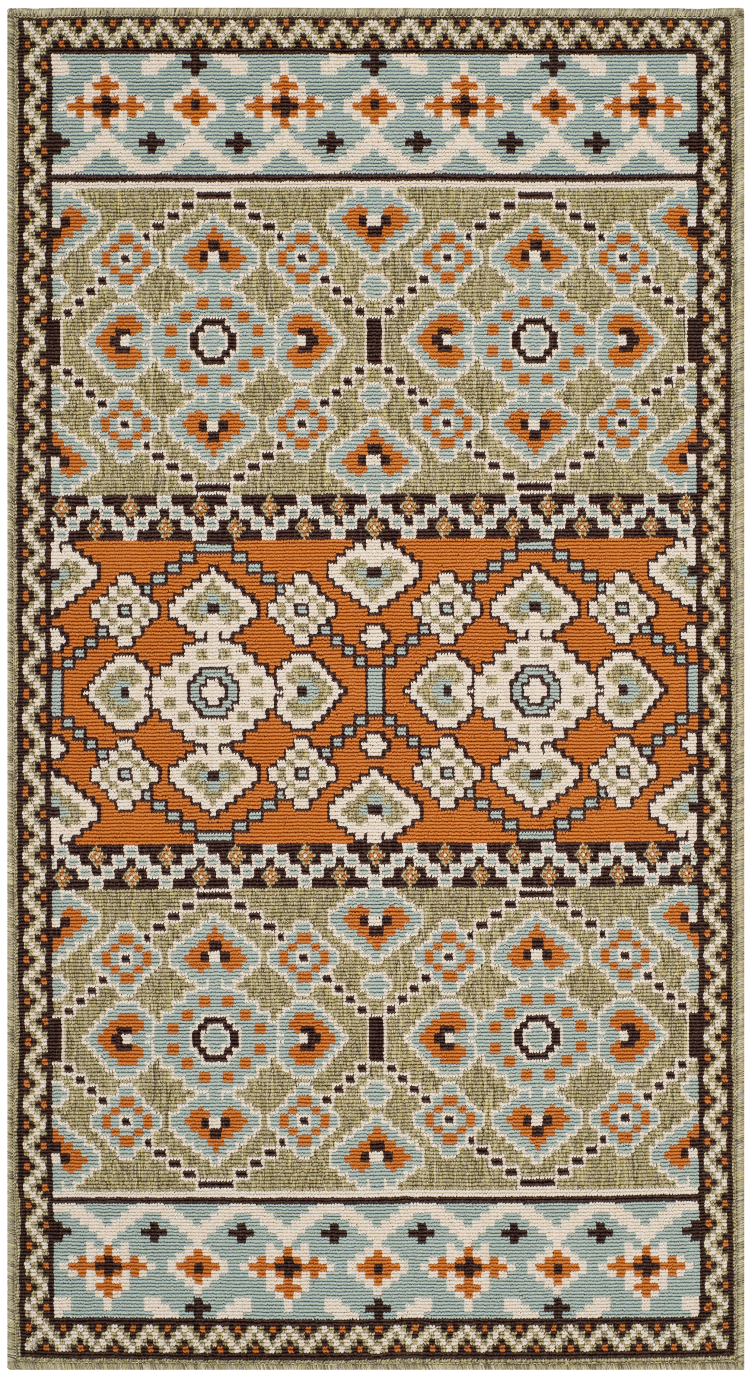 Green and Terracotta Floral Synthetic Washable Area Rug