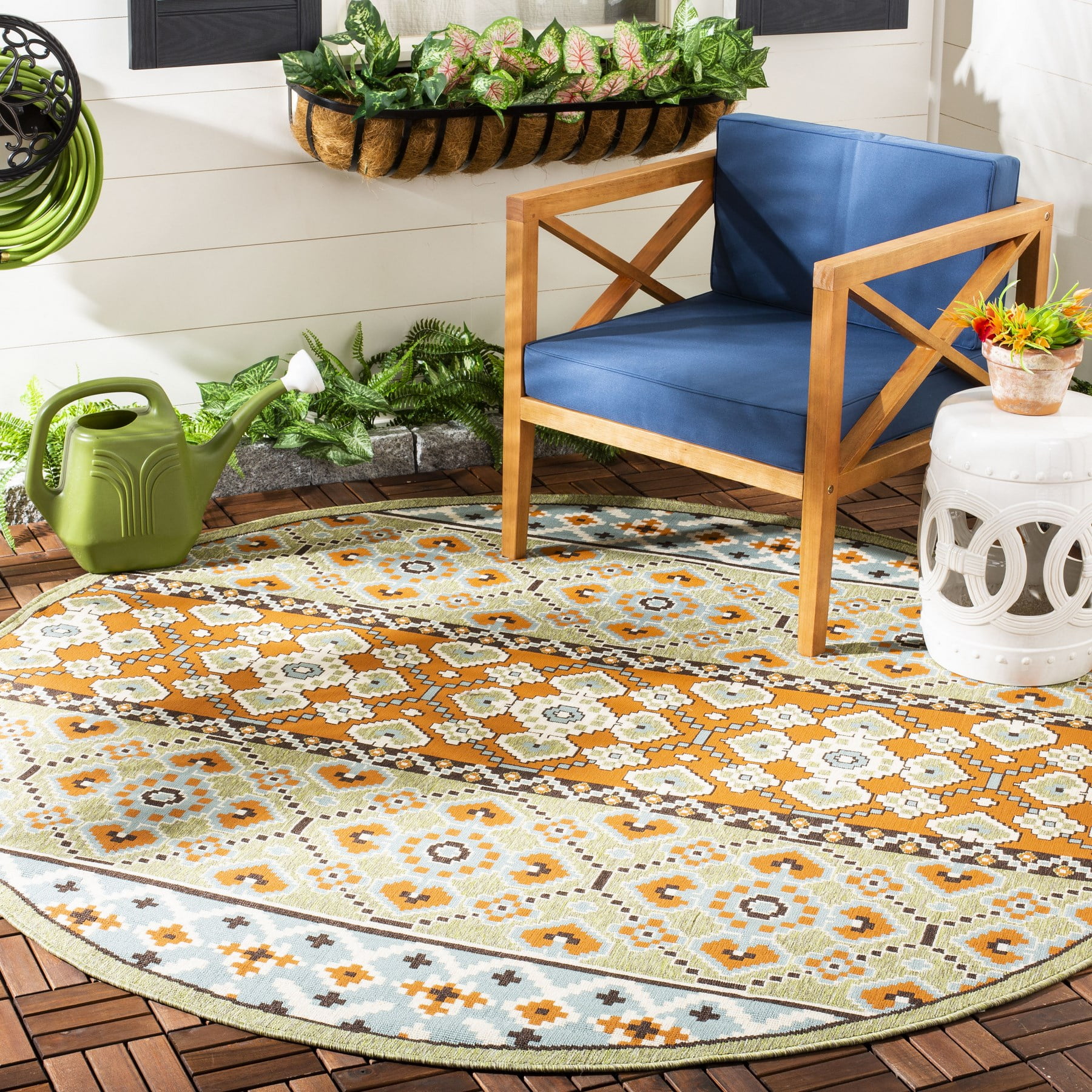 Green and Terracotta Round Reversible Synthetic Area Rug