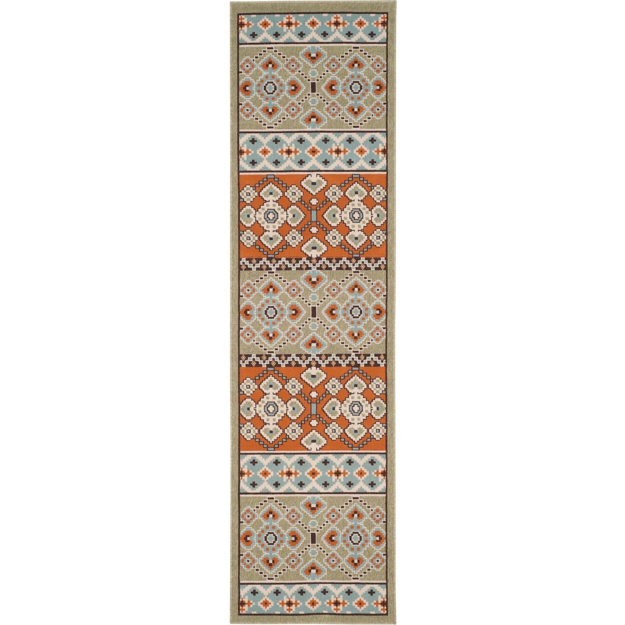 Green and Terracotta Synthetic Reversible Runner Rug