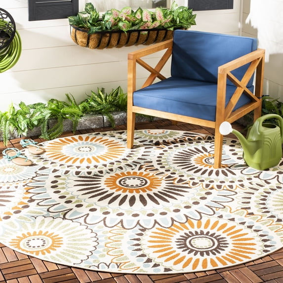 SAFAVIEH Veranda Petra Geometric Indoor/Outdoor Area Rug, 5'3" x 5'3" Round, Cream/Chocolate