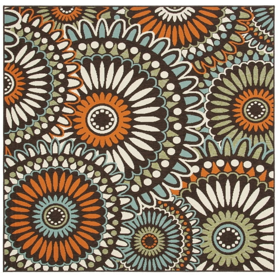 SAFAVIEH Veranda Petra Geometric Indoor/Outdoor Area Rug, 5'3" x 5'3" Square, Chocolate/Terracotta