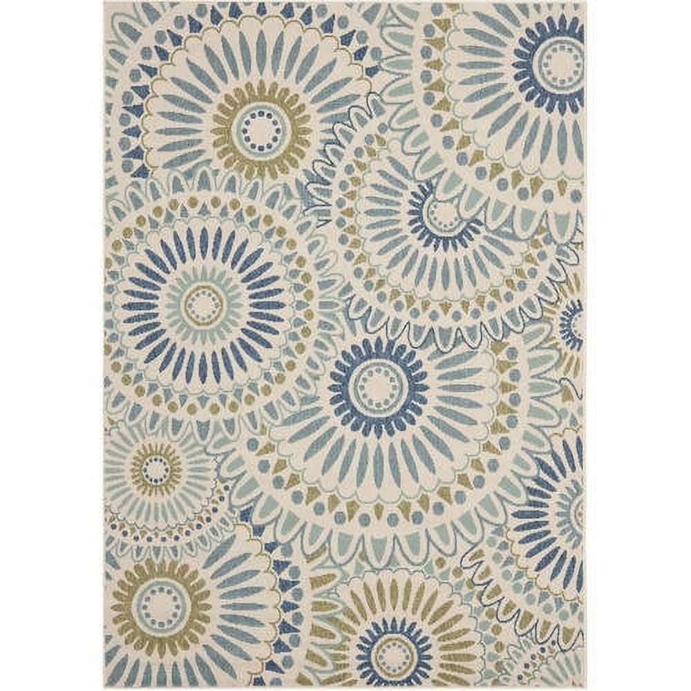 Cream and Green Floral Synthetic Indoor/Outdoor Rug