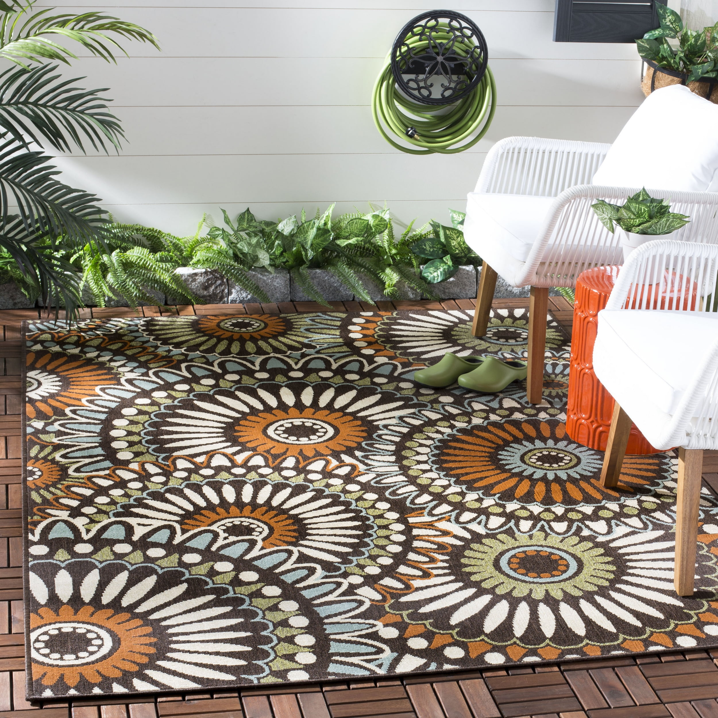 Reversible Chocolate/Terracotta Floral Synthetic Square Rug - 79" x 79"