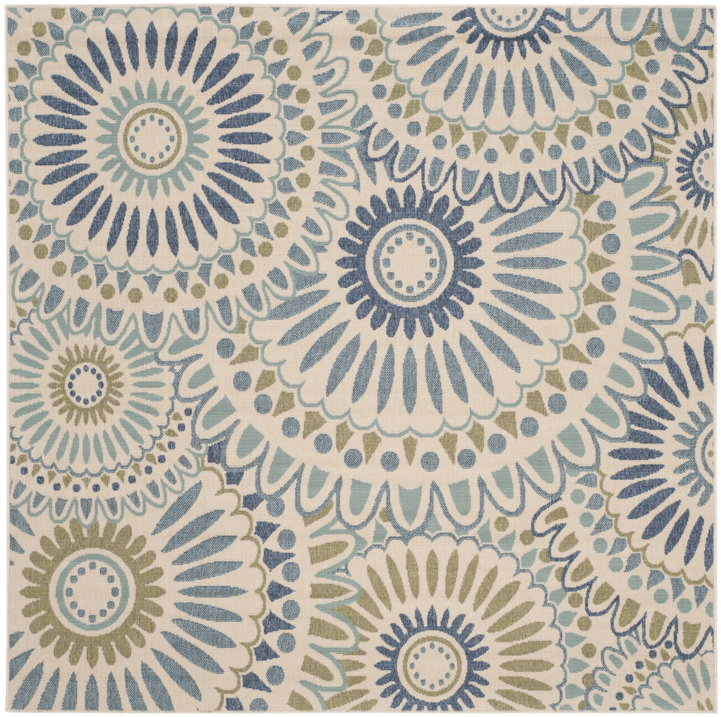 Cream and Green Synthetic Square Indoor/Outdoor Rug 3' x 3'