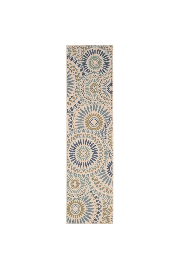 Veranda Petra Geometric Indoor/Outdoor Runner Rug, 2'3" x 8', Cream/Green