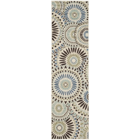 SAFAVIEH Veranda Petra Geometric Indoor/Outdoor Runner Rug, Cream/Blue, 2'3" x 14'