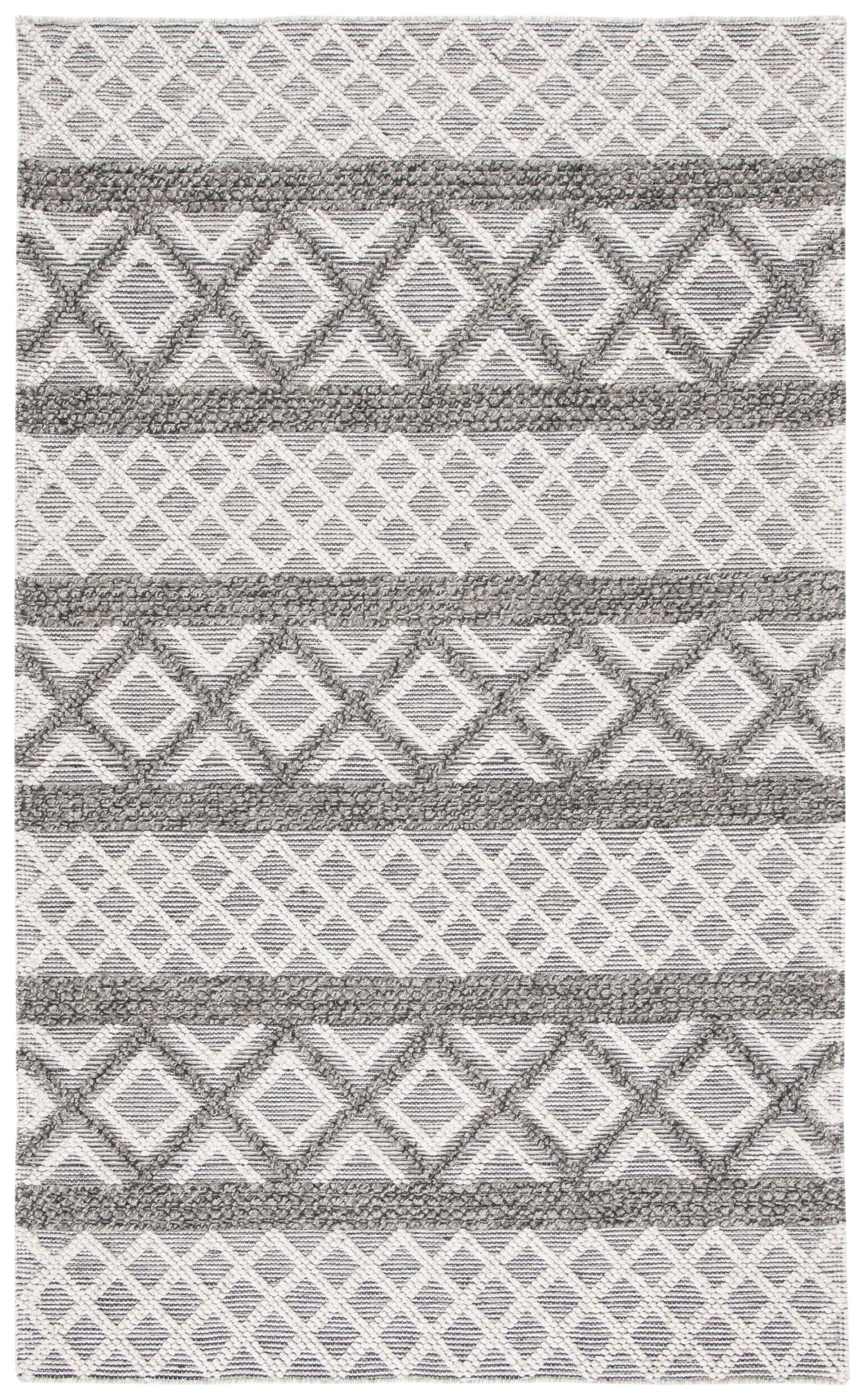 Ivory and Dark Grey Hand-Knotted Wool Geometric Rug, 3' x 5'