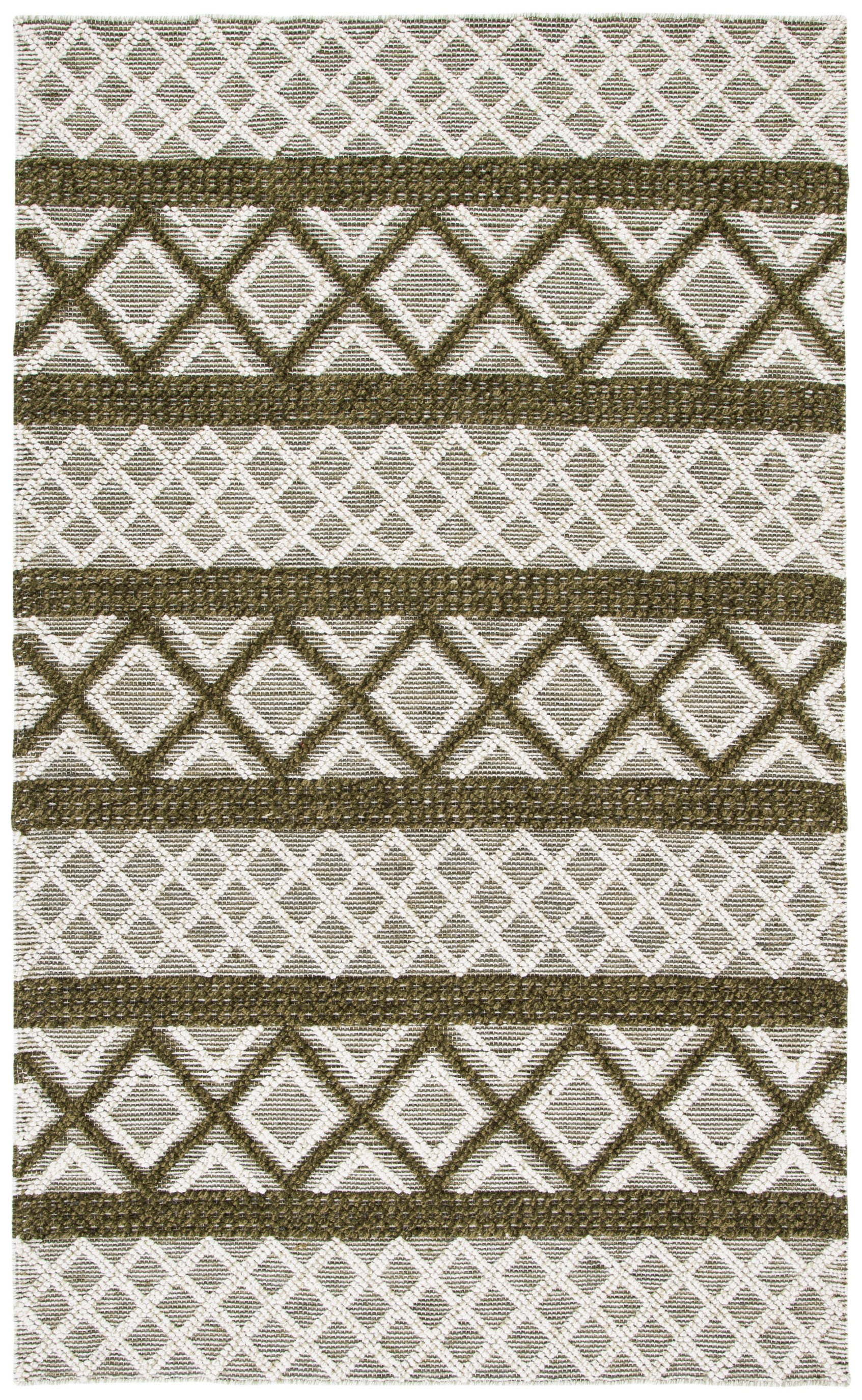 Ivory and Dark Green Hand-Knotted Wool Rectangular Area Rug, 5' x 8'