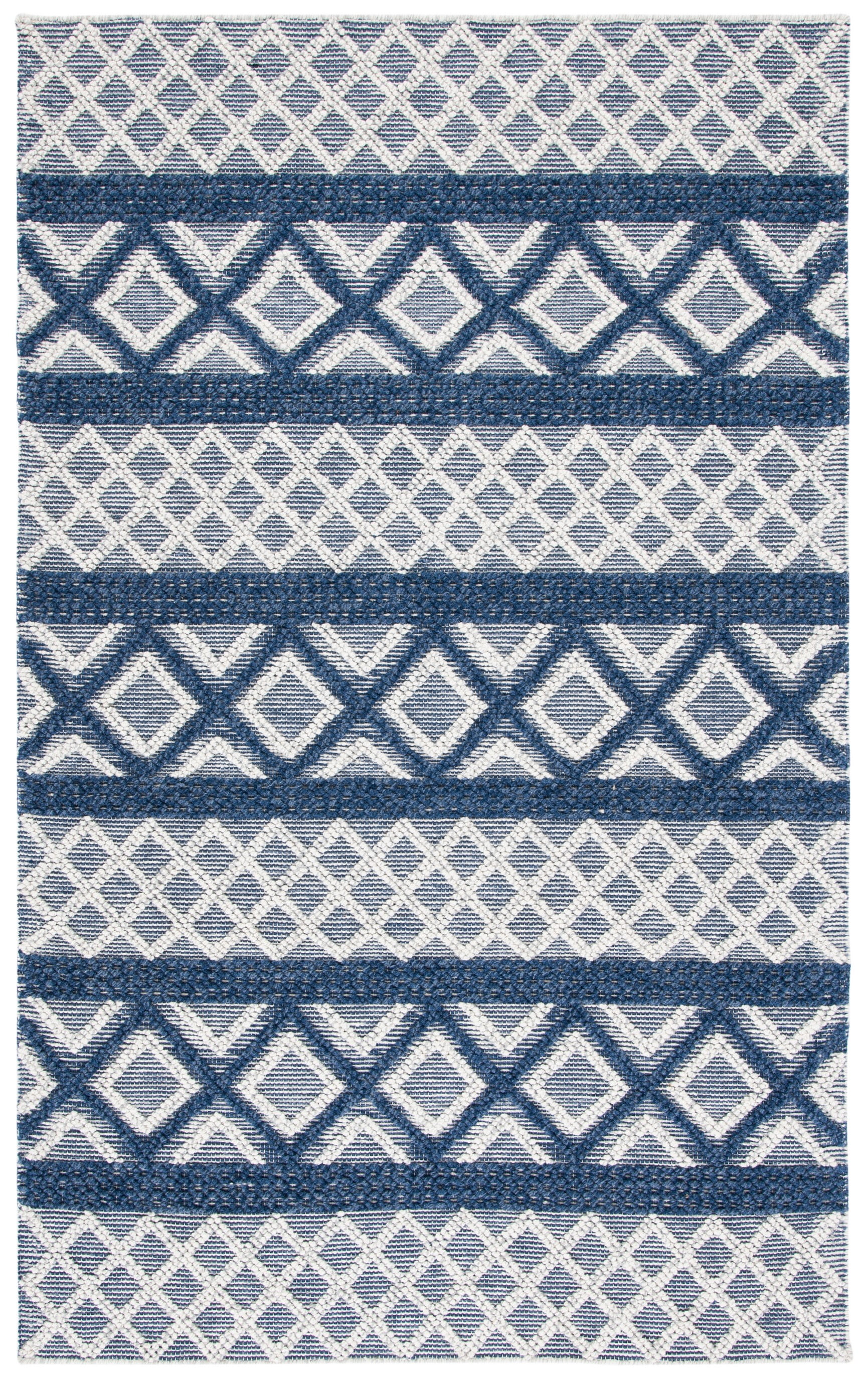 Ivory and Blue Handwoven Wool 6' x 9' Area Rug