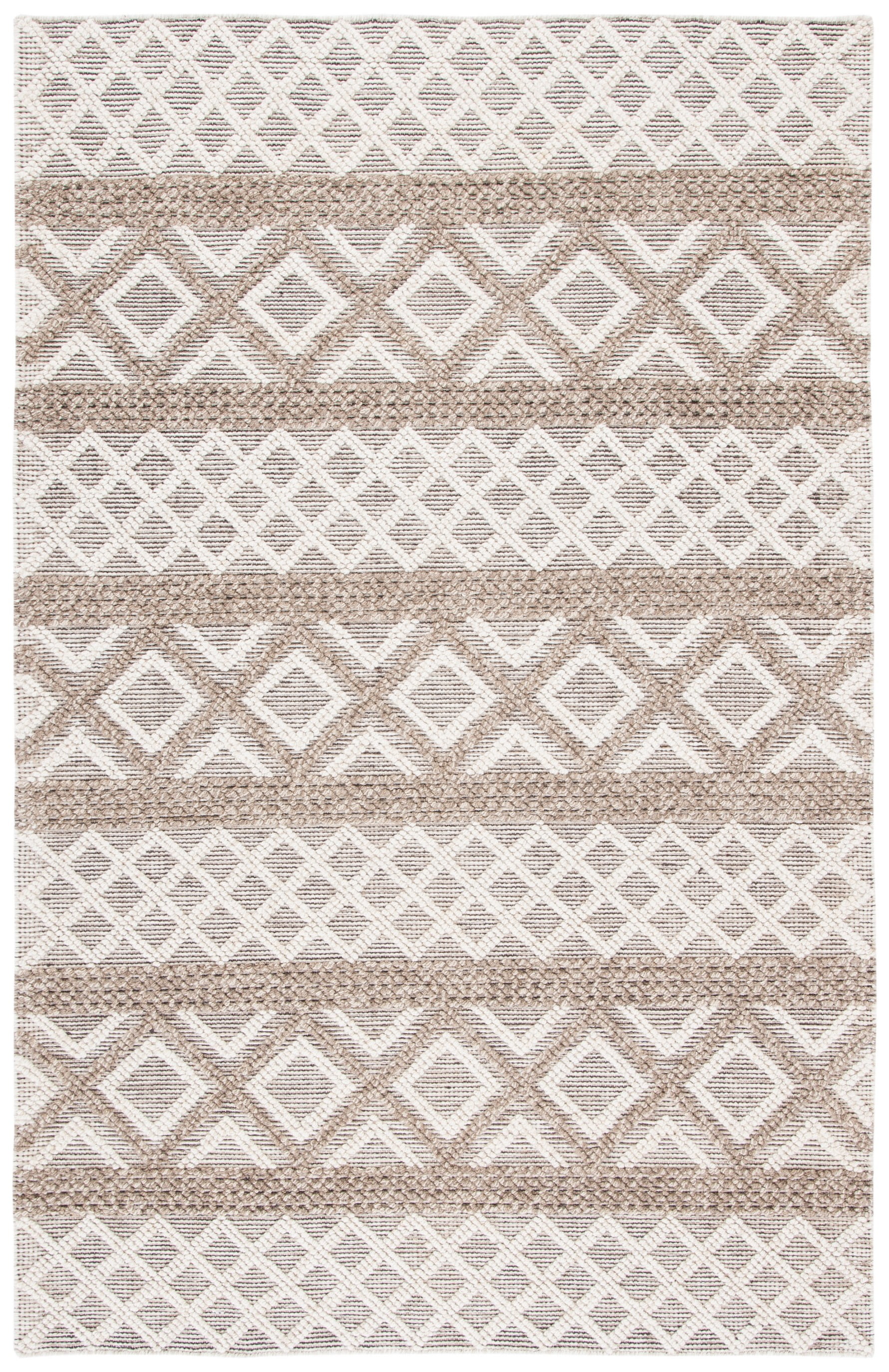 Ivory and Grey Geometric Wool Hand-Knotted 6' x 9' Rug