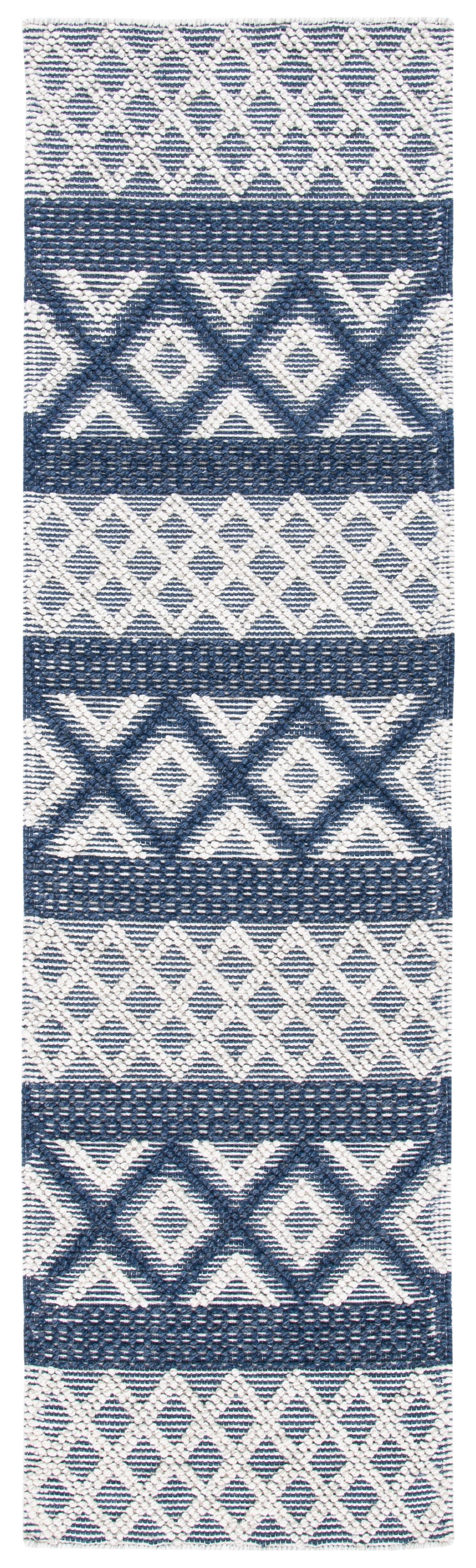 Handwoven Blue and Ivory Wool Runner Rug