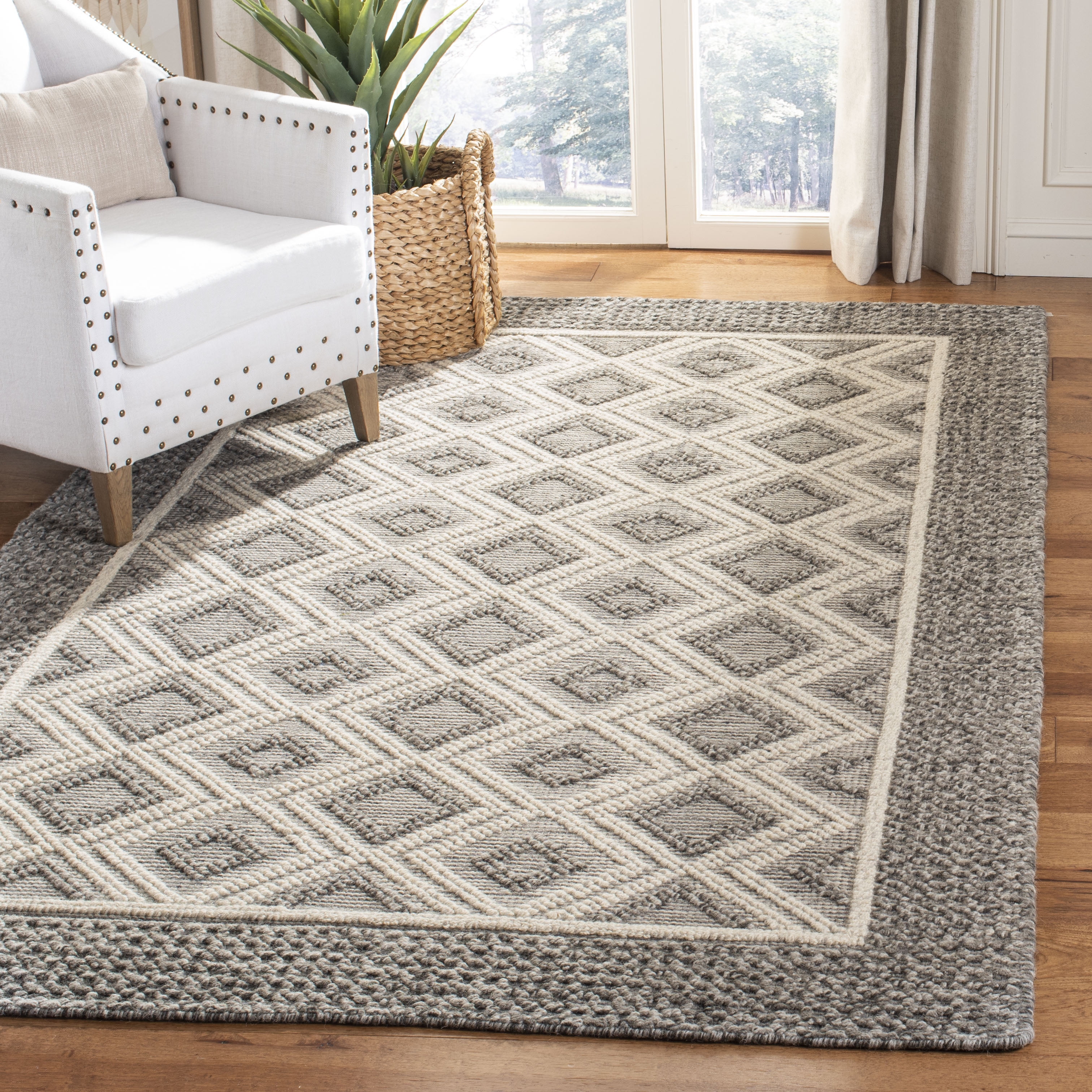 Grey and Ivory Geometric Wool 9' x 12' Handmade Area Rug