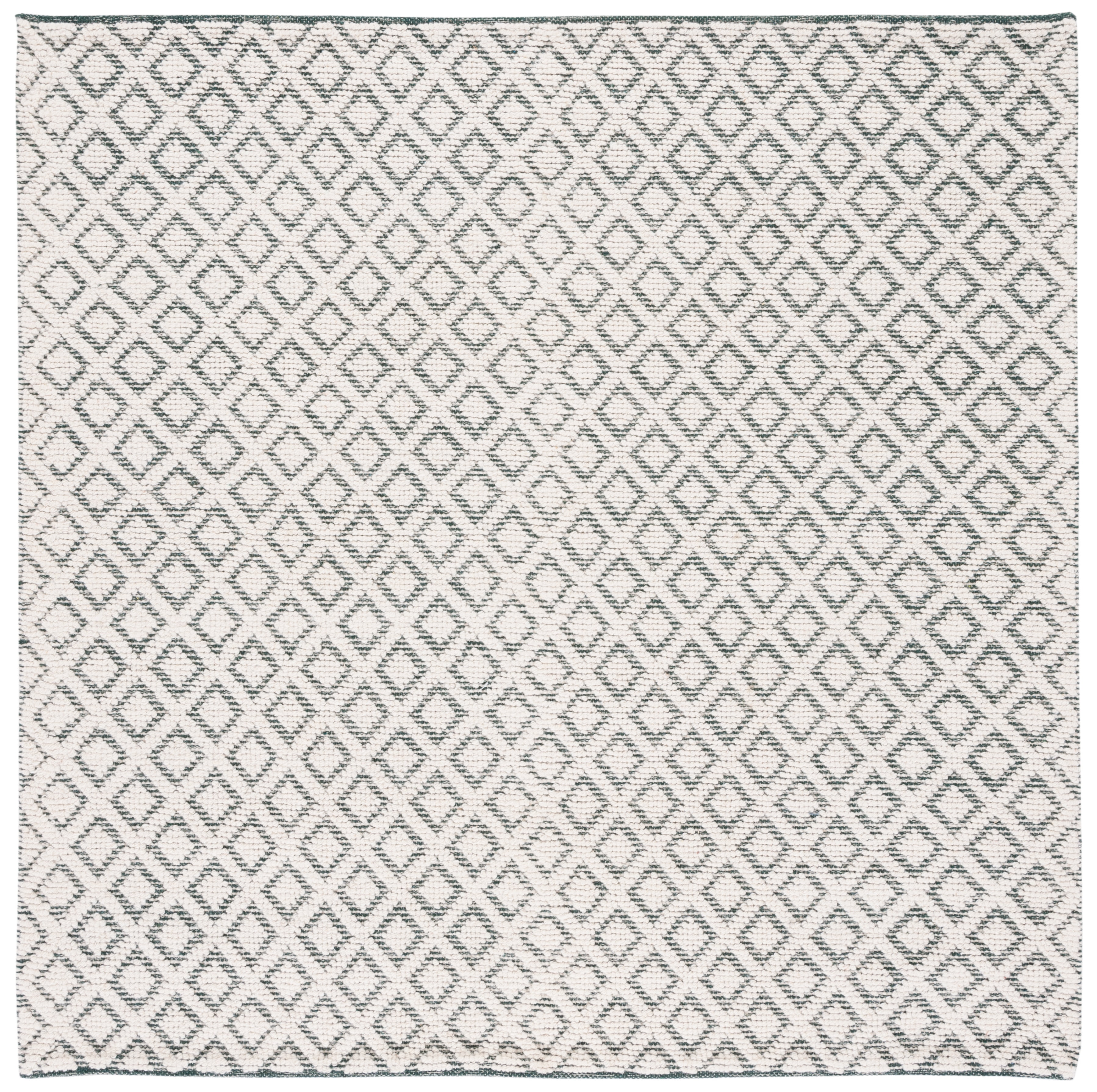 Ivory and Green Hand-Knotted Wool Square Area Rug