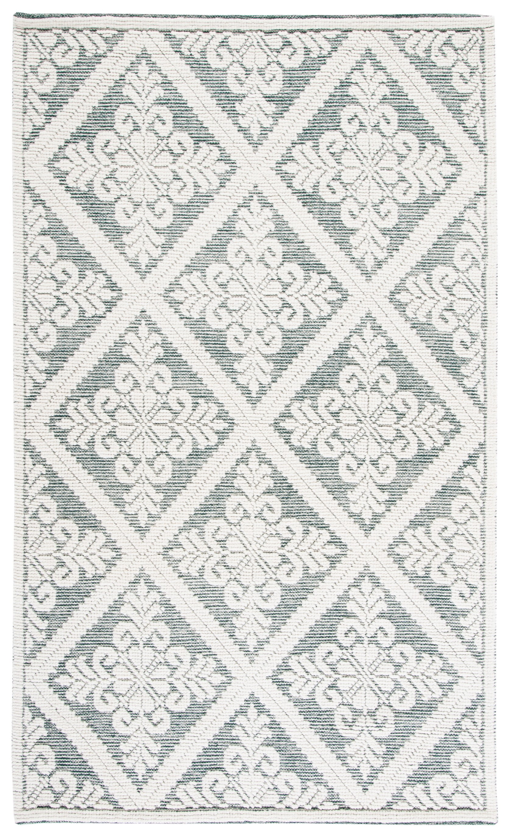 Hand-Knotted Ivory and Green Wool Rectangular Area Rug, 5' x 8'