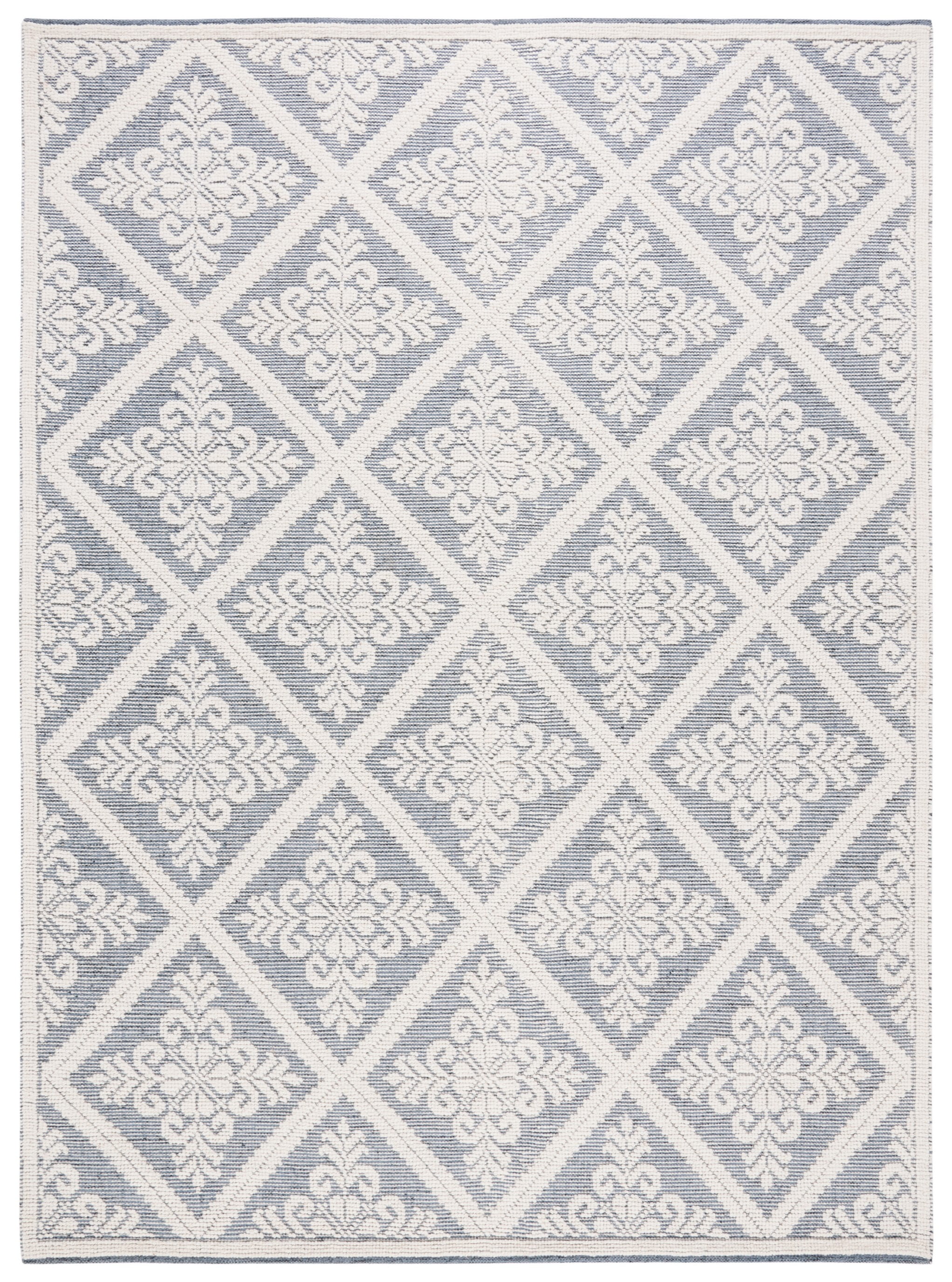 Ivory and Blue Hand-Knotted Wool 8' x 10' Area Rug