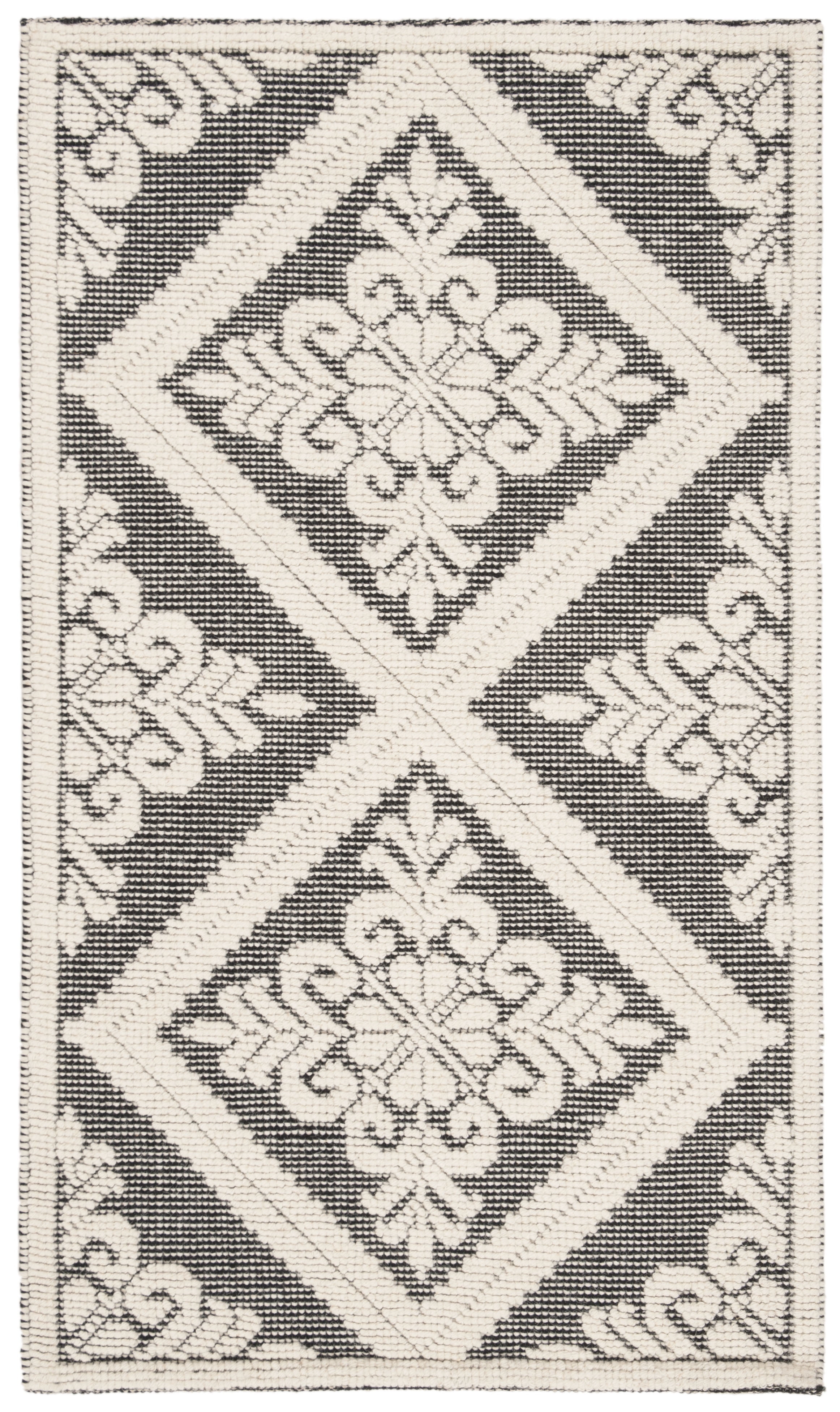 Ivory and Black Hand-Knotted Wool Rectangular Rug