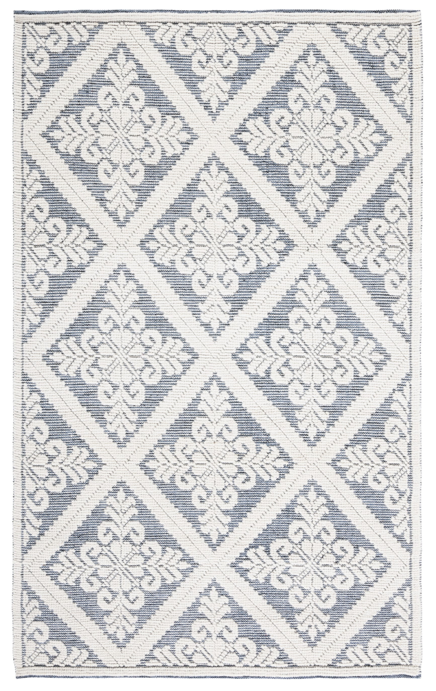 Hand-Knotted Blue and Ivory Wool Rectangular Area Rug