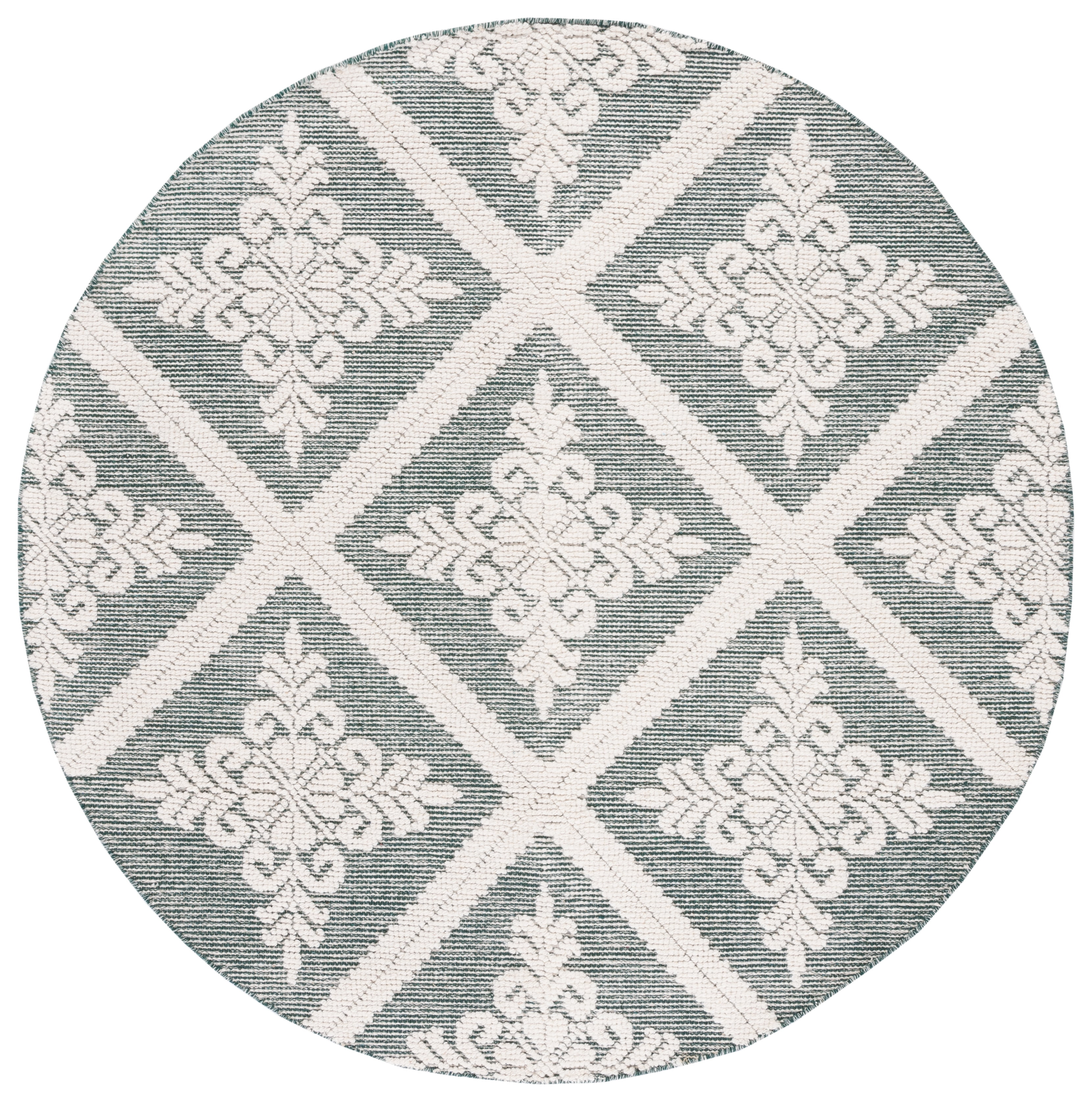 Hand-Knotted Ivory and Green Wool Round Area Rug, 6'