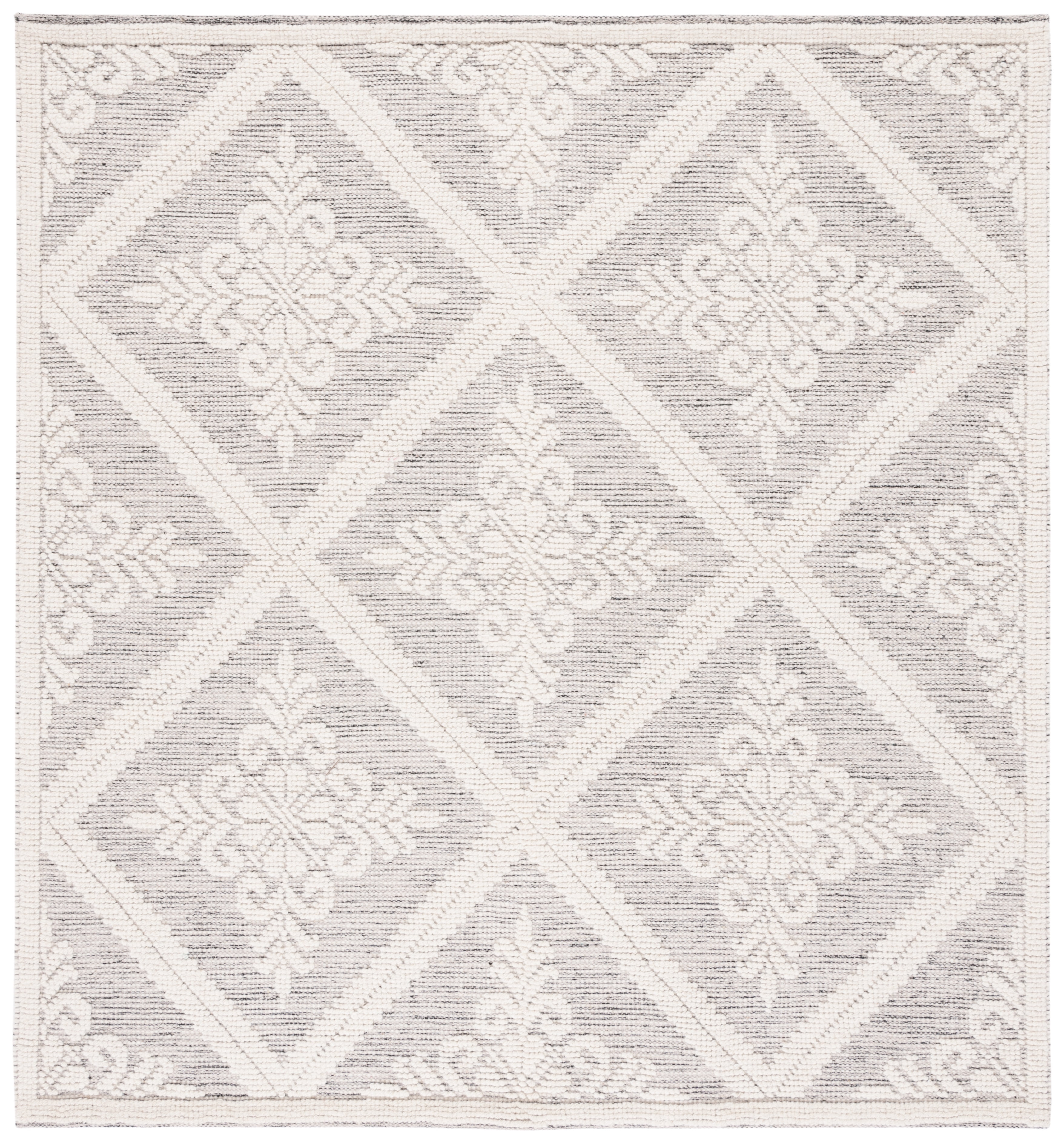 Ivory and Grey Hand-Knotted Wool Square Area Rug