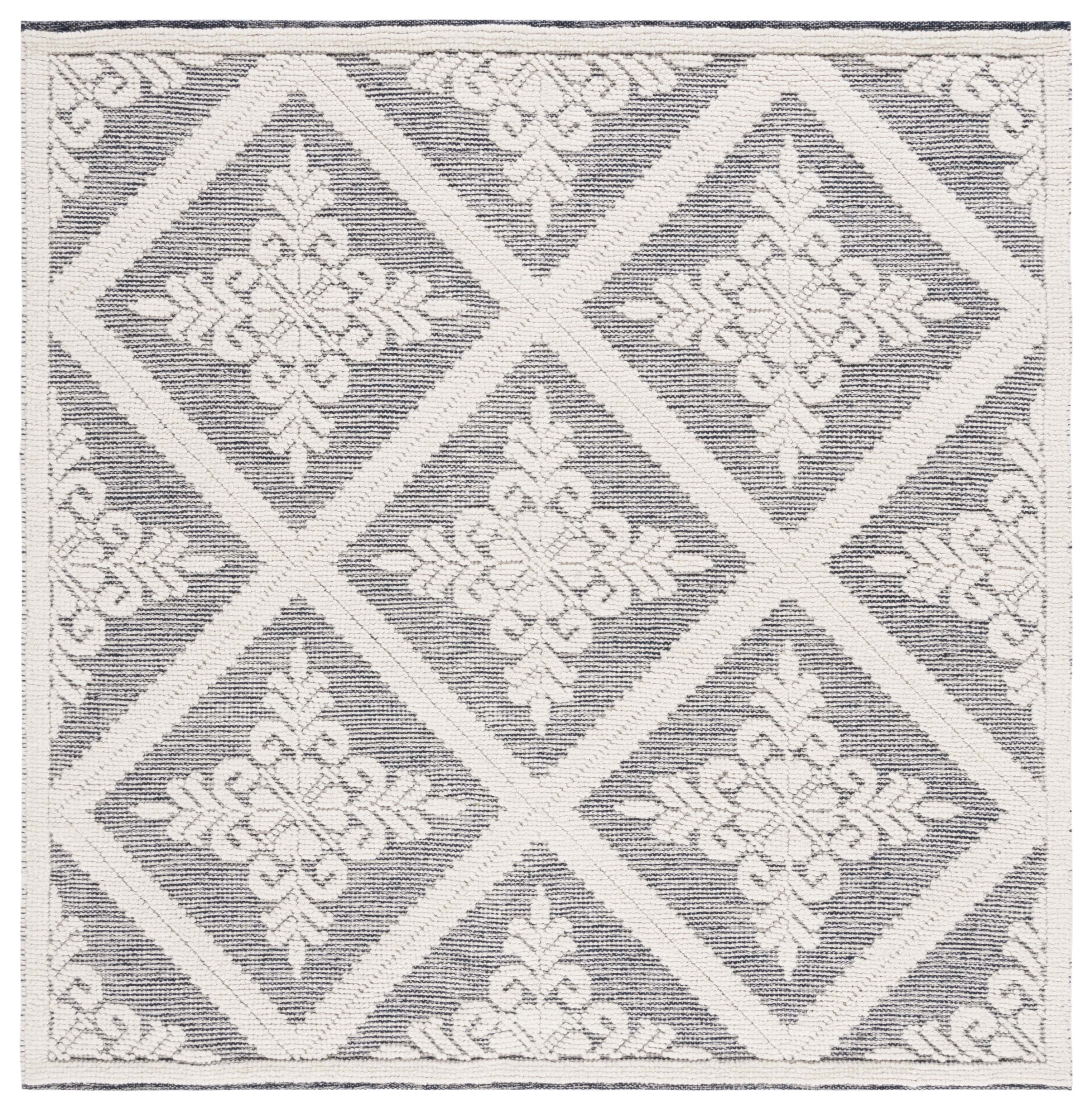 Ivory and Navy Hand-Knotted Wool 6' Square Area Rug
