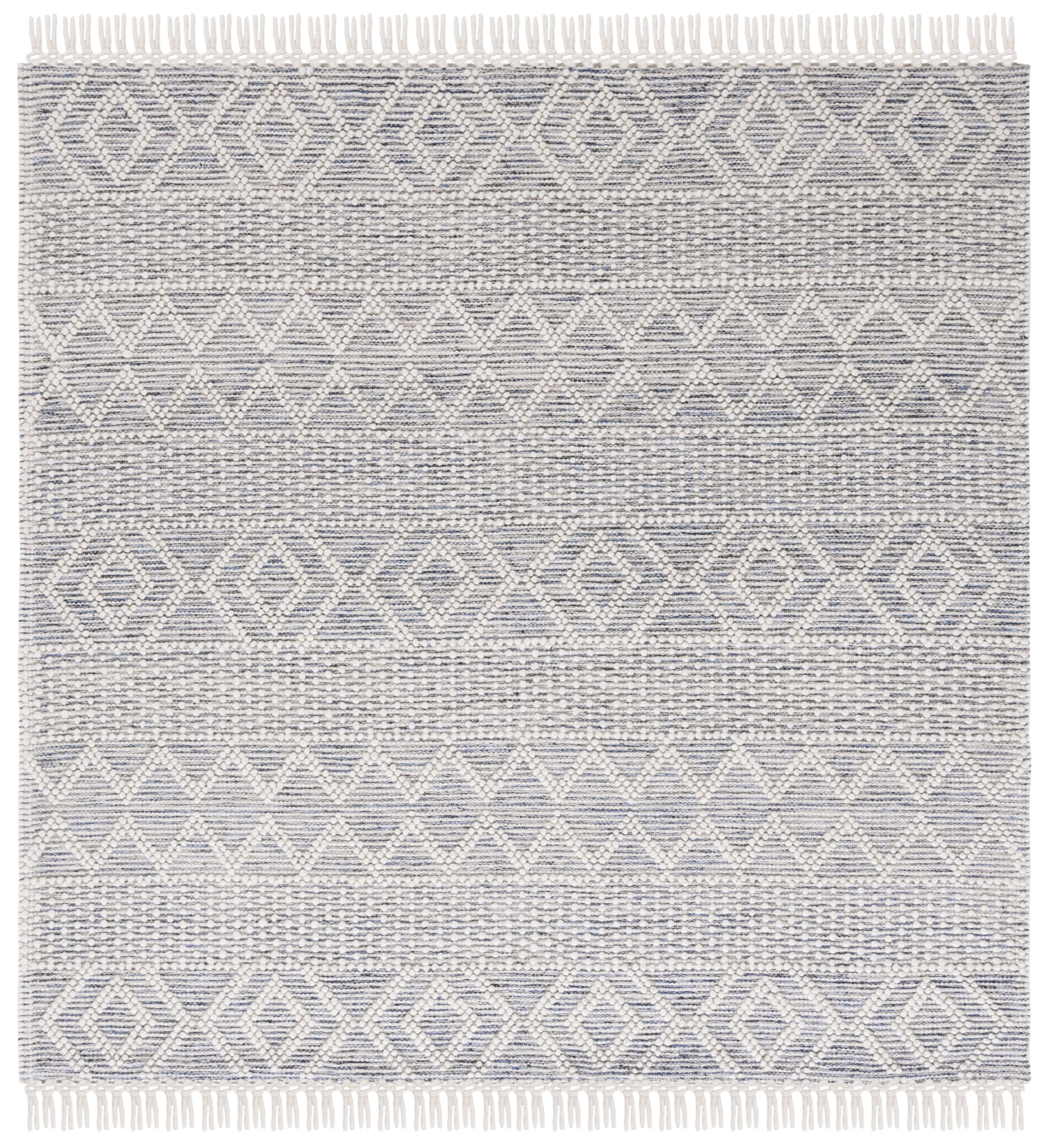 Ivory and Blue Hand-Knotted Wool Cotton Square Rug