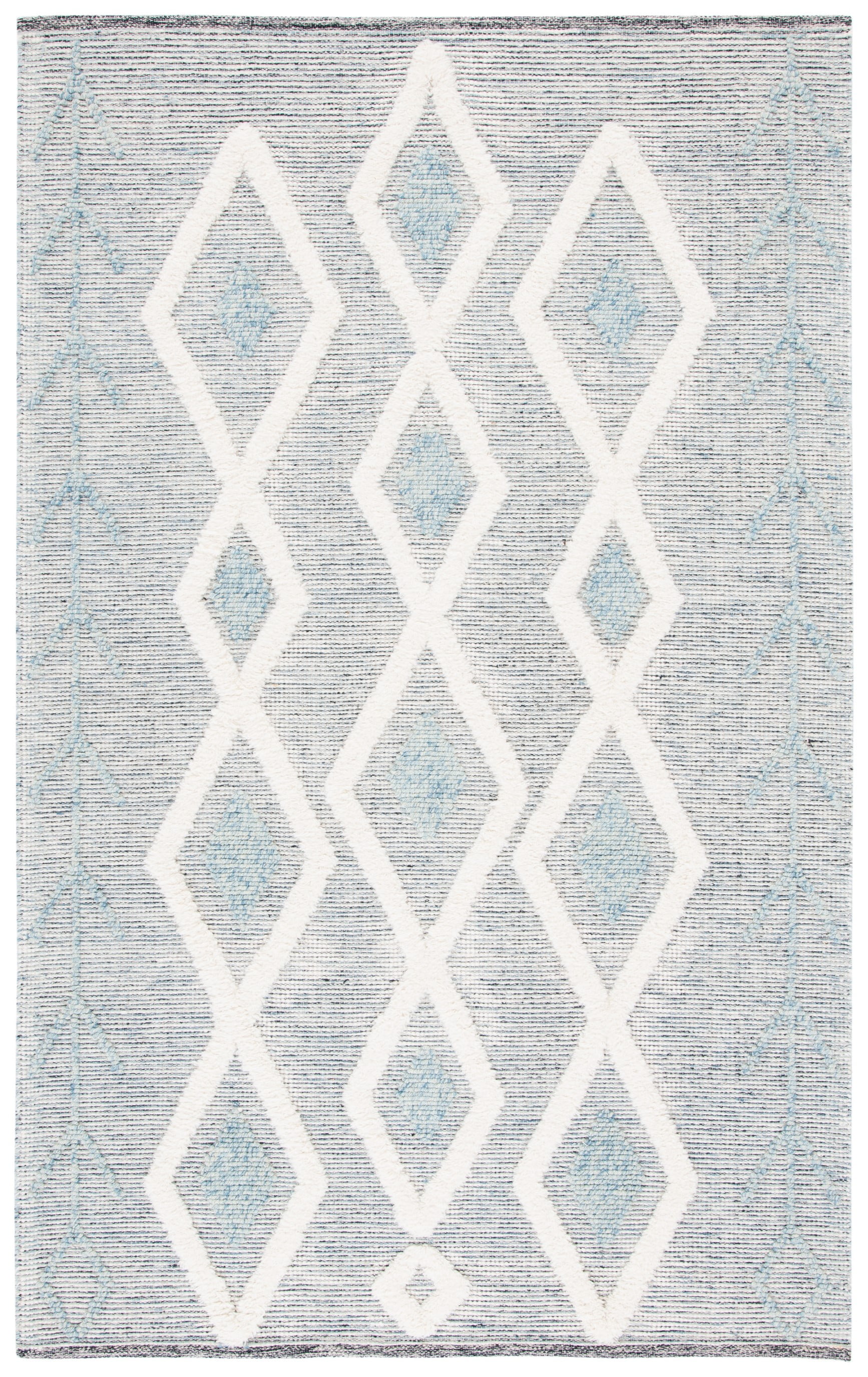 Blue and Ivory Hand-Knotted Wool Rectangular Area Rug