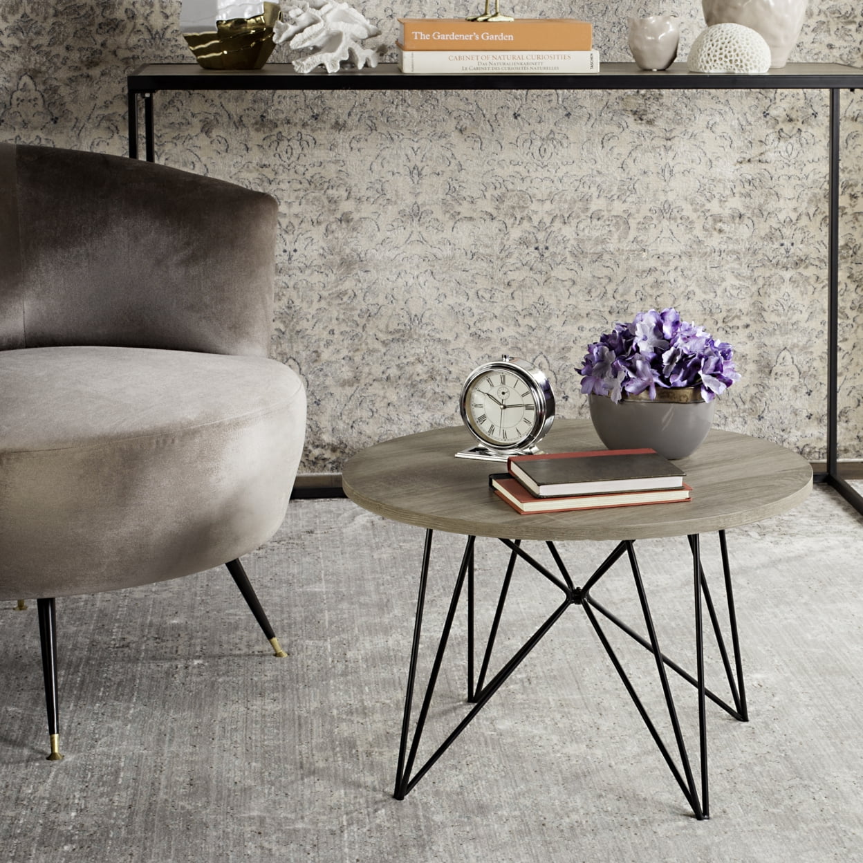 Vida 24" Round Light Brown Wood and Metal End Table