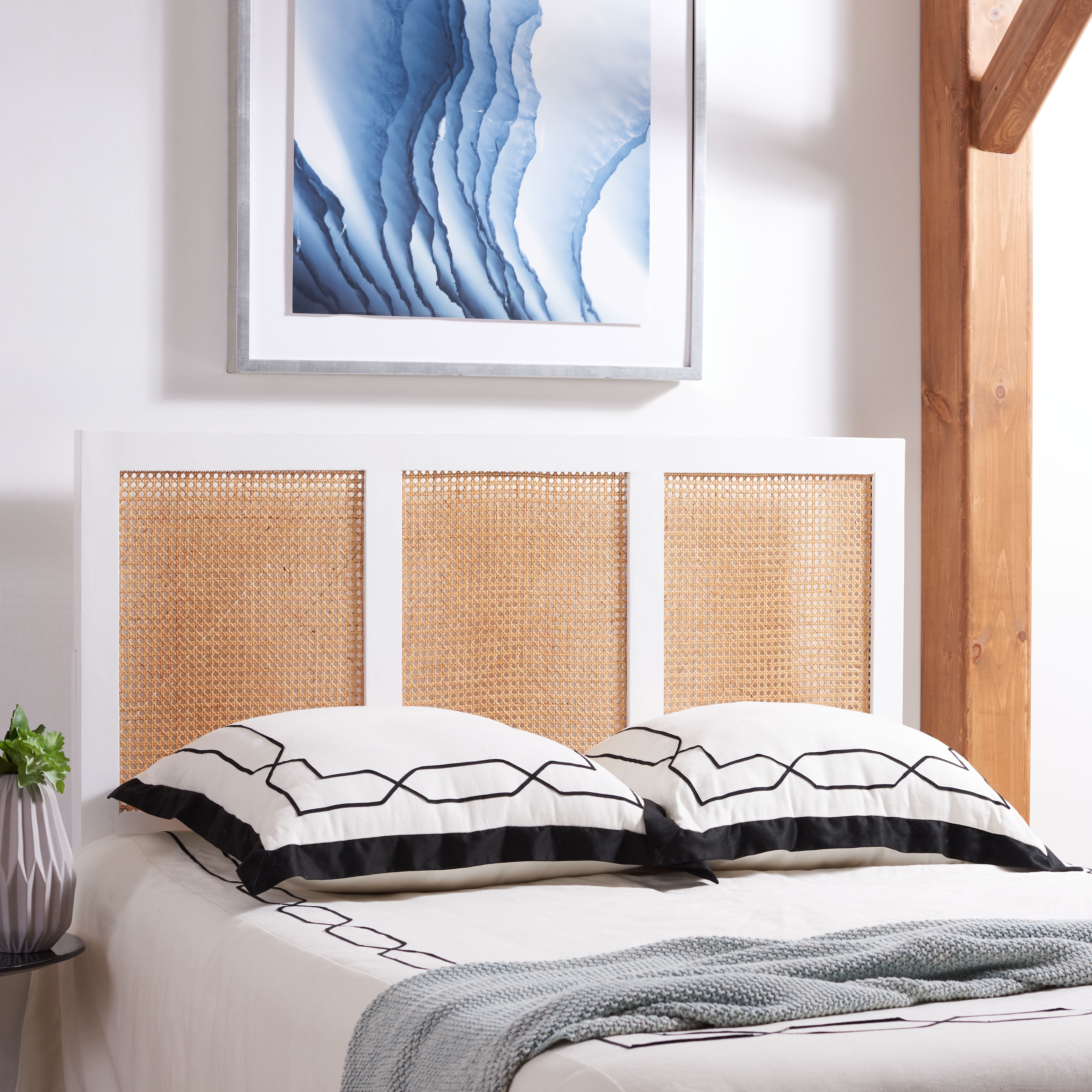 Full White Wash Mango Wood Cane Headboard