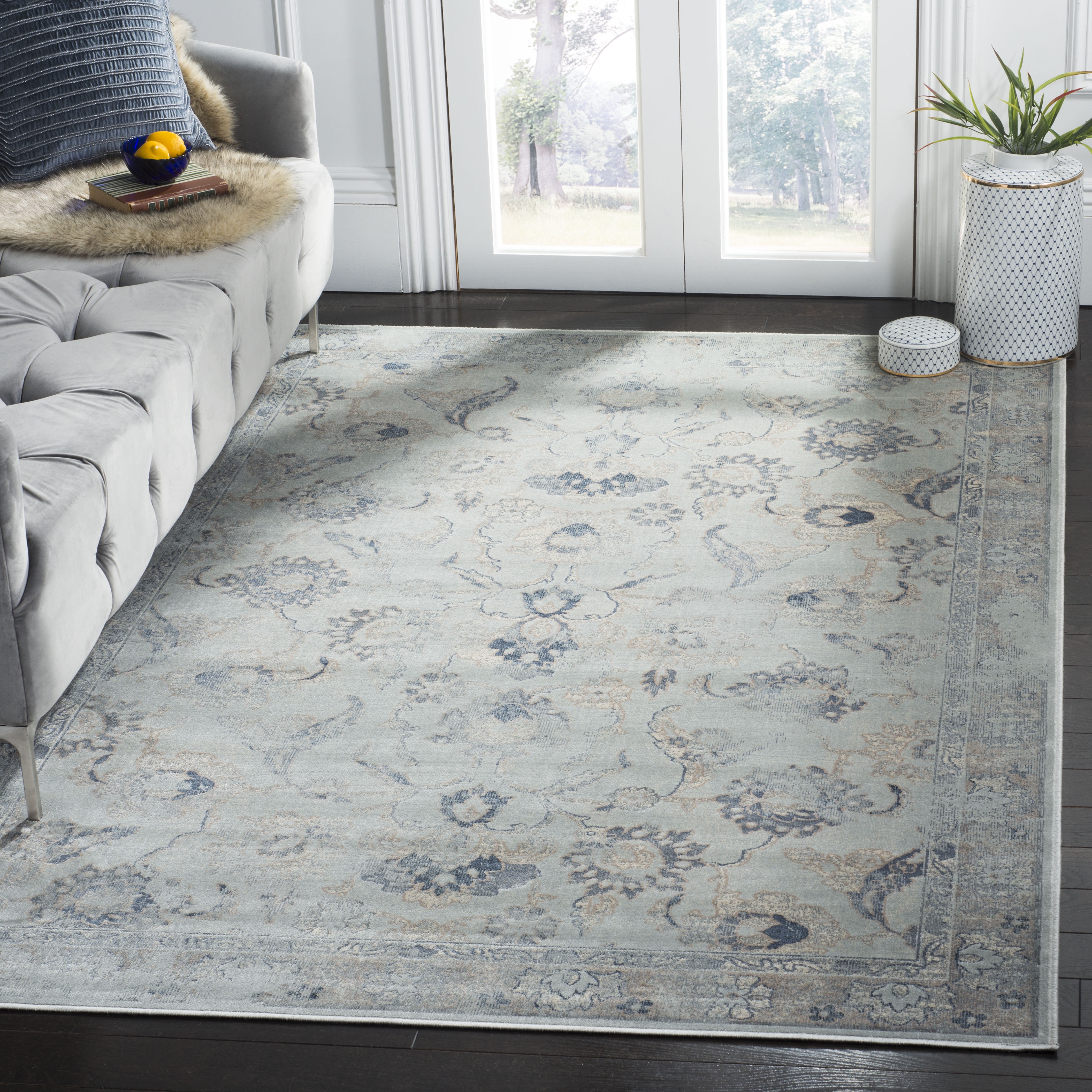 Light Blue Rectangular Wool and Silk Vintage Area Rug