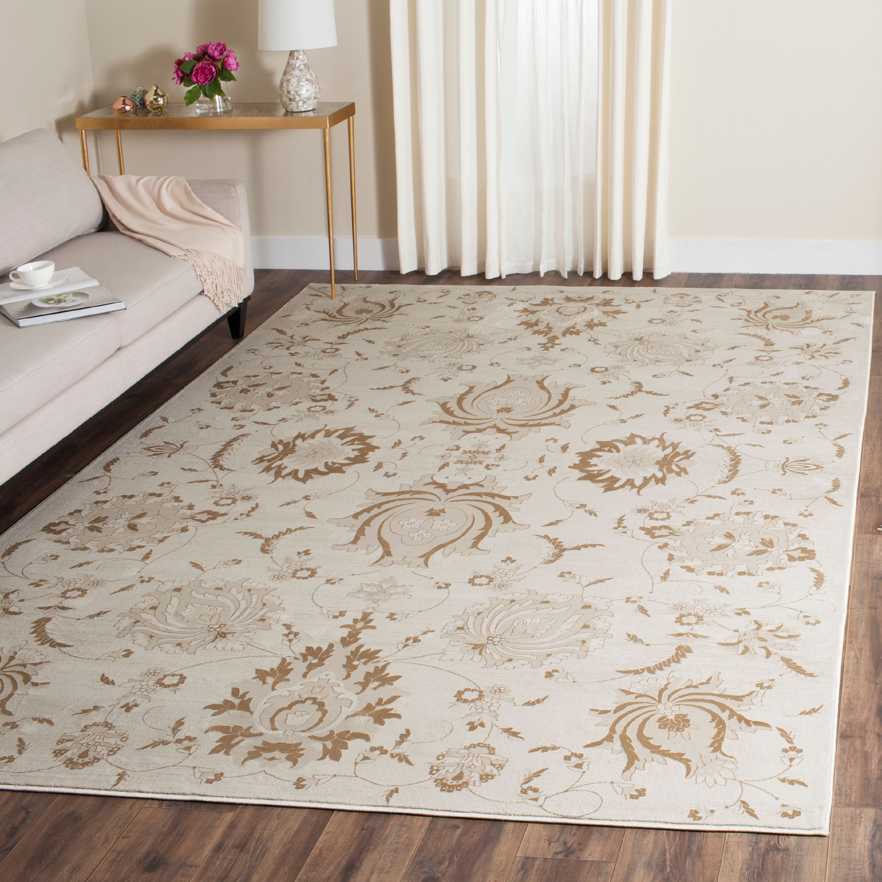 Elegant Cream Camel 54" Round Viscose Transitional Area Rug