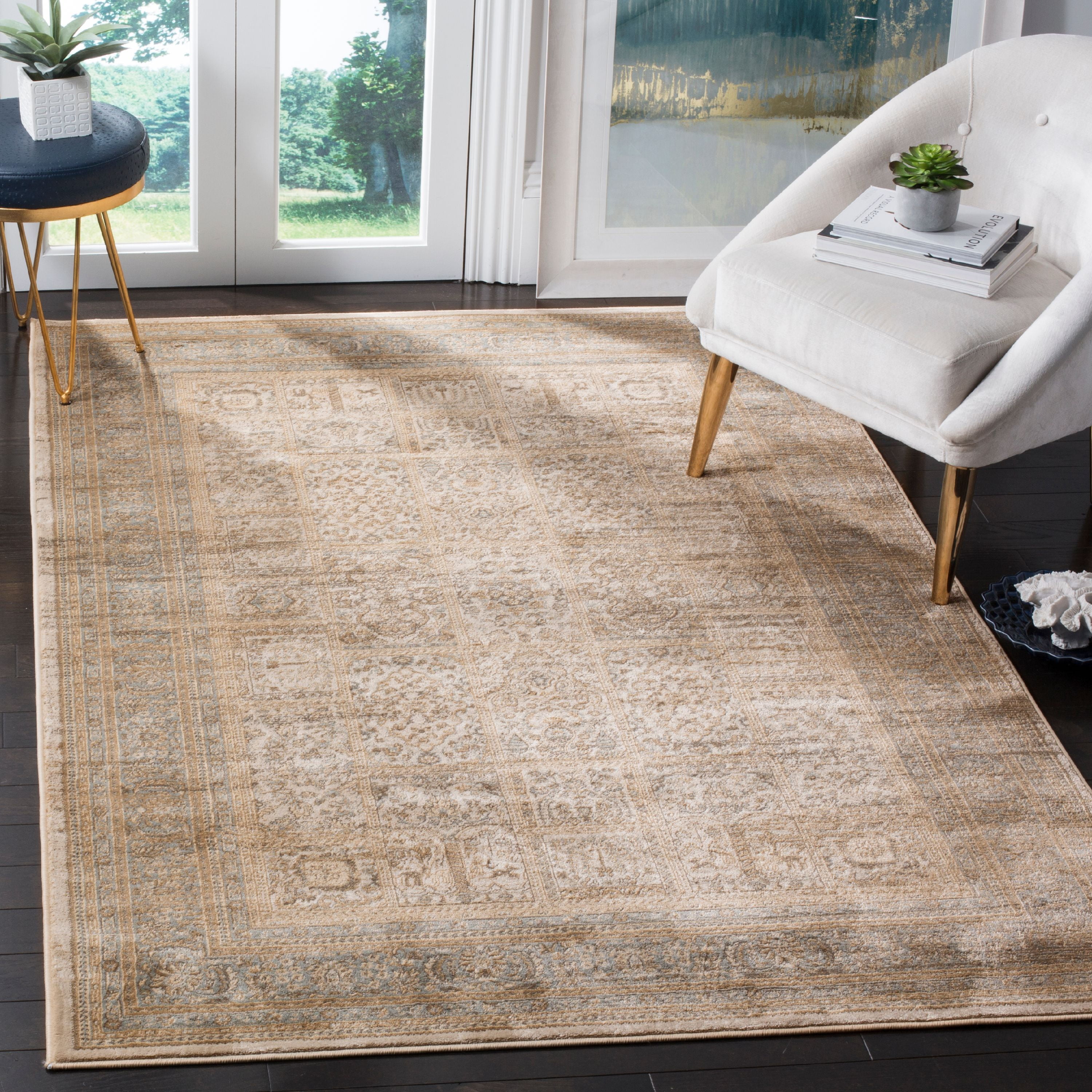 Ivory and Light Blue Vintage Distressed Area Rug 4' x 5'7"