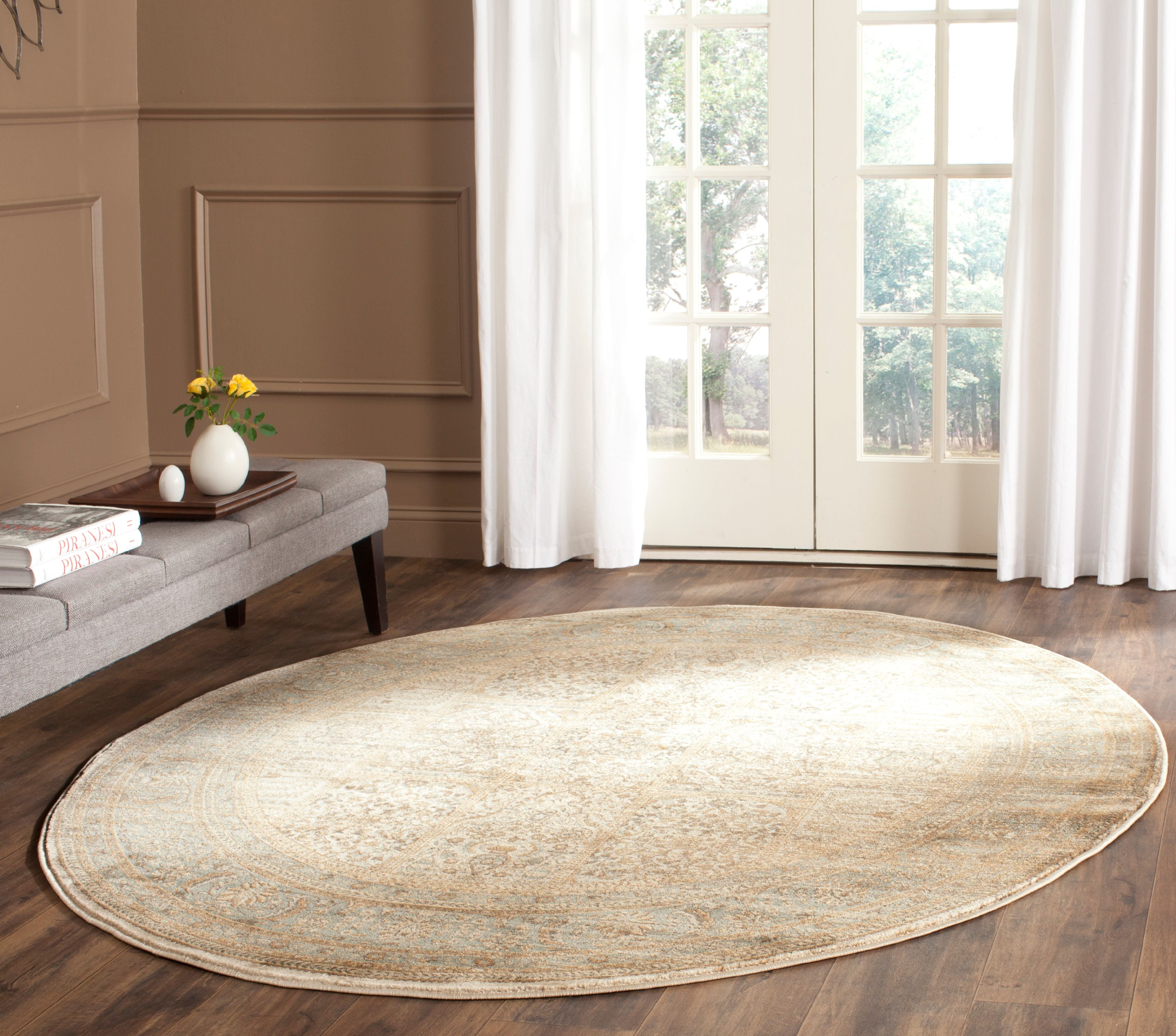 Ivory and Light Blue Round Viscose Area Rug, 80"