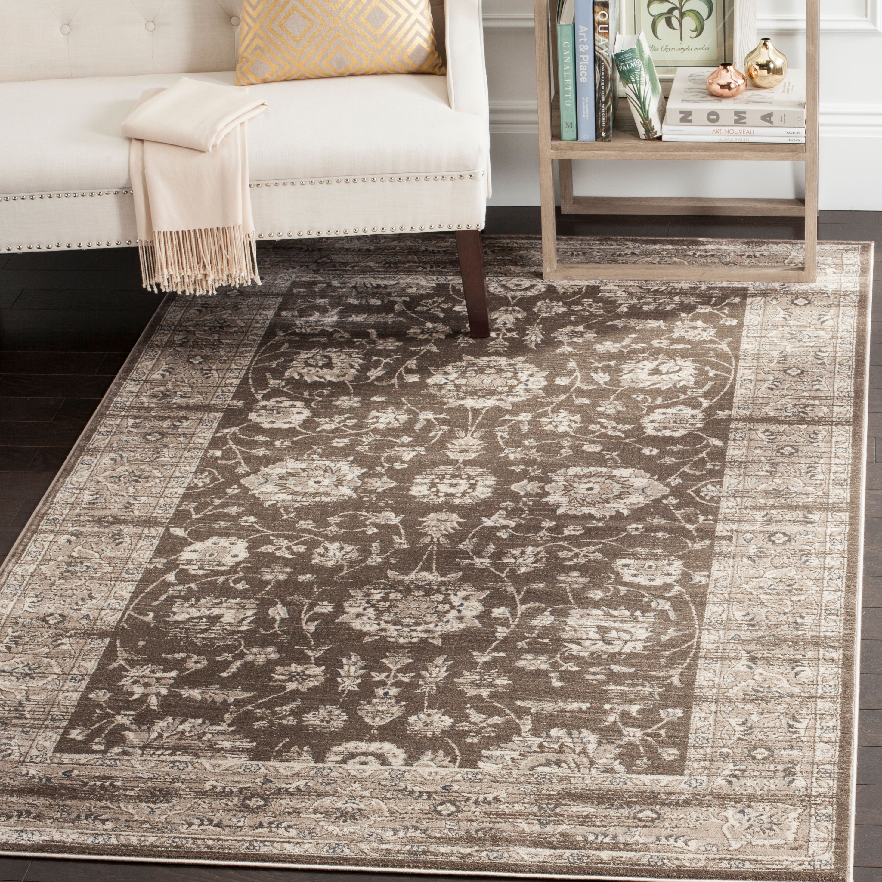 Vintage Brown and Ivory Rectangular 9' x 12' Viscose Rug