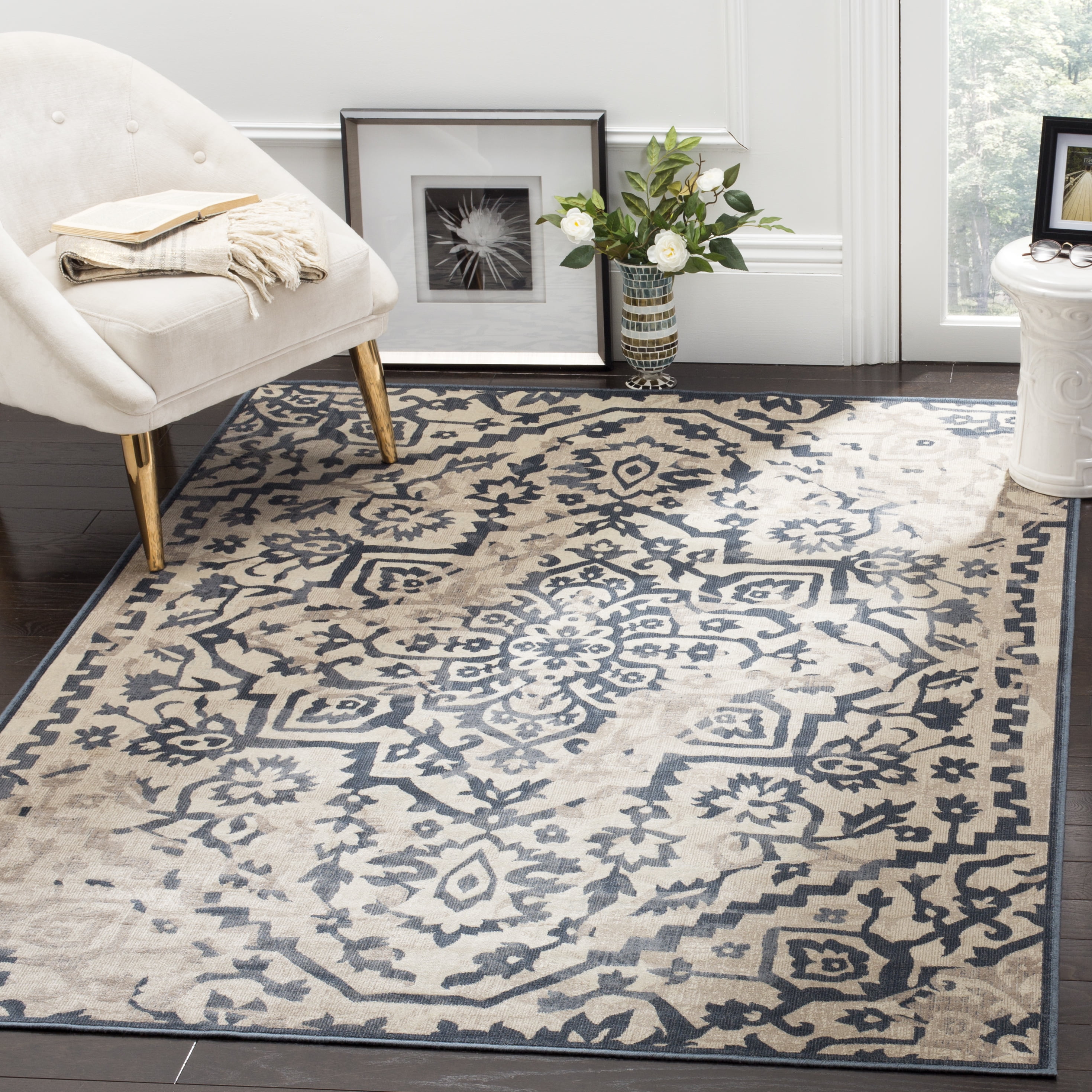 Vintage Cream and Blue Rectangular 9' x 12' Viscose Area Rug