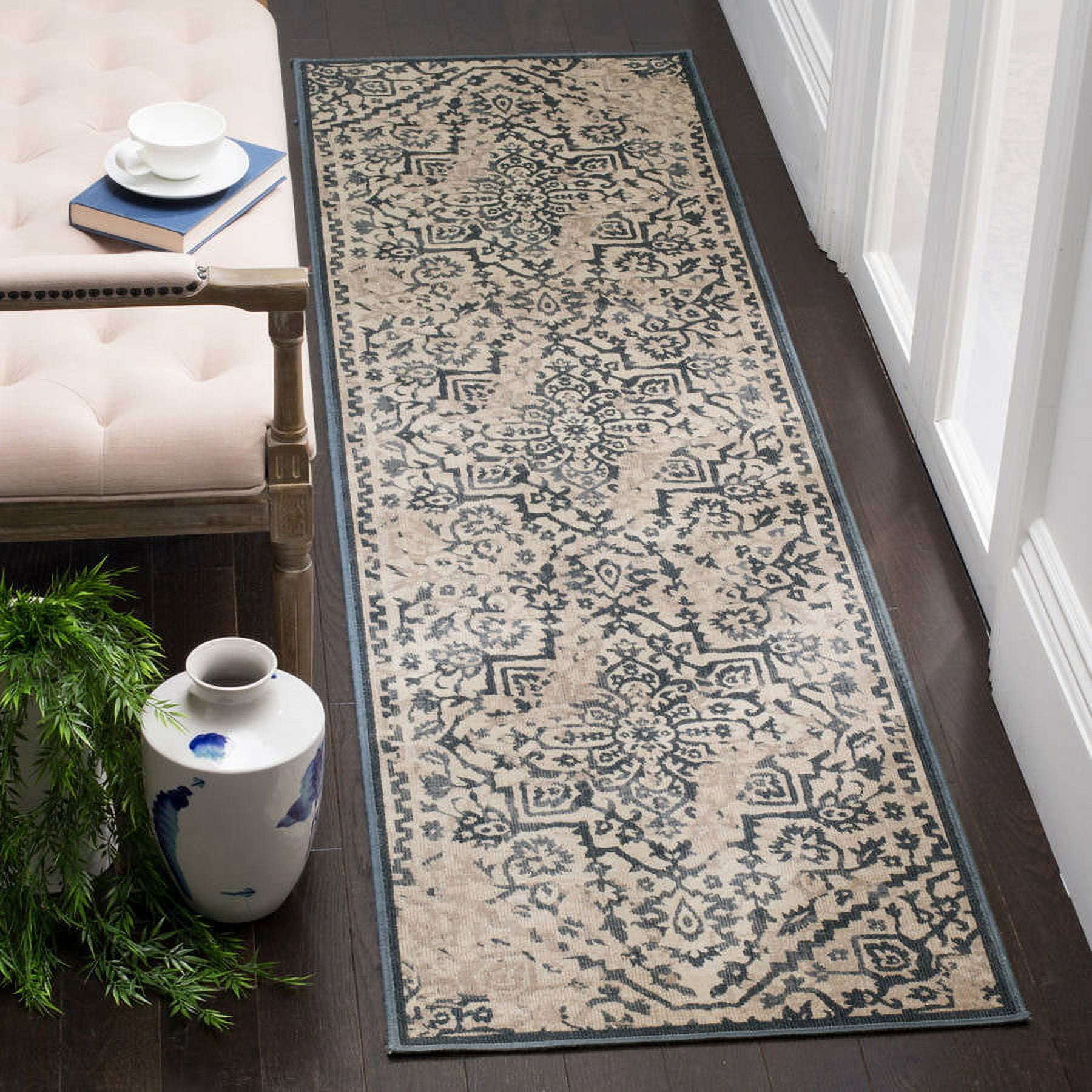 Reversible Blue and Cream Viscose Runner Rug 96" x 26"