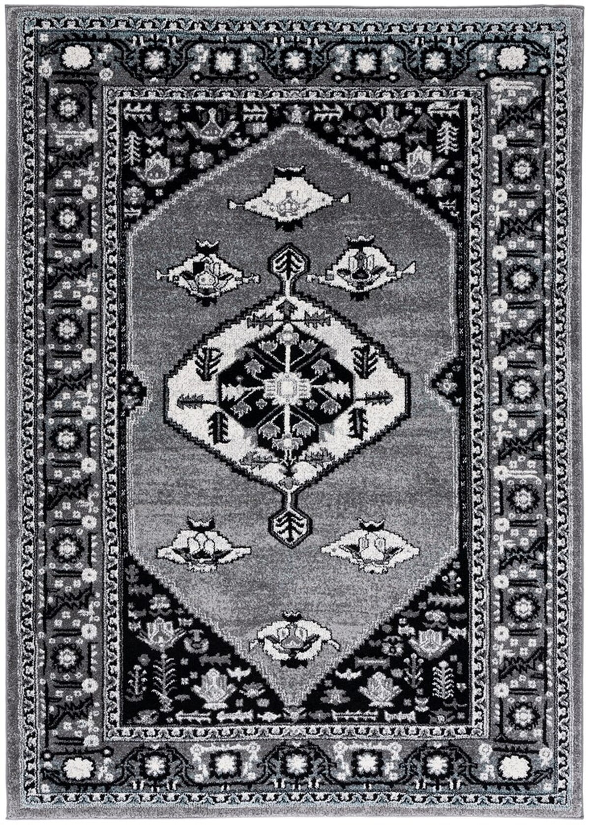Grey and Black Hand-Knotted Oriental Rectangular Rug