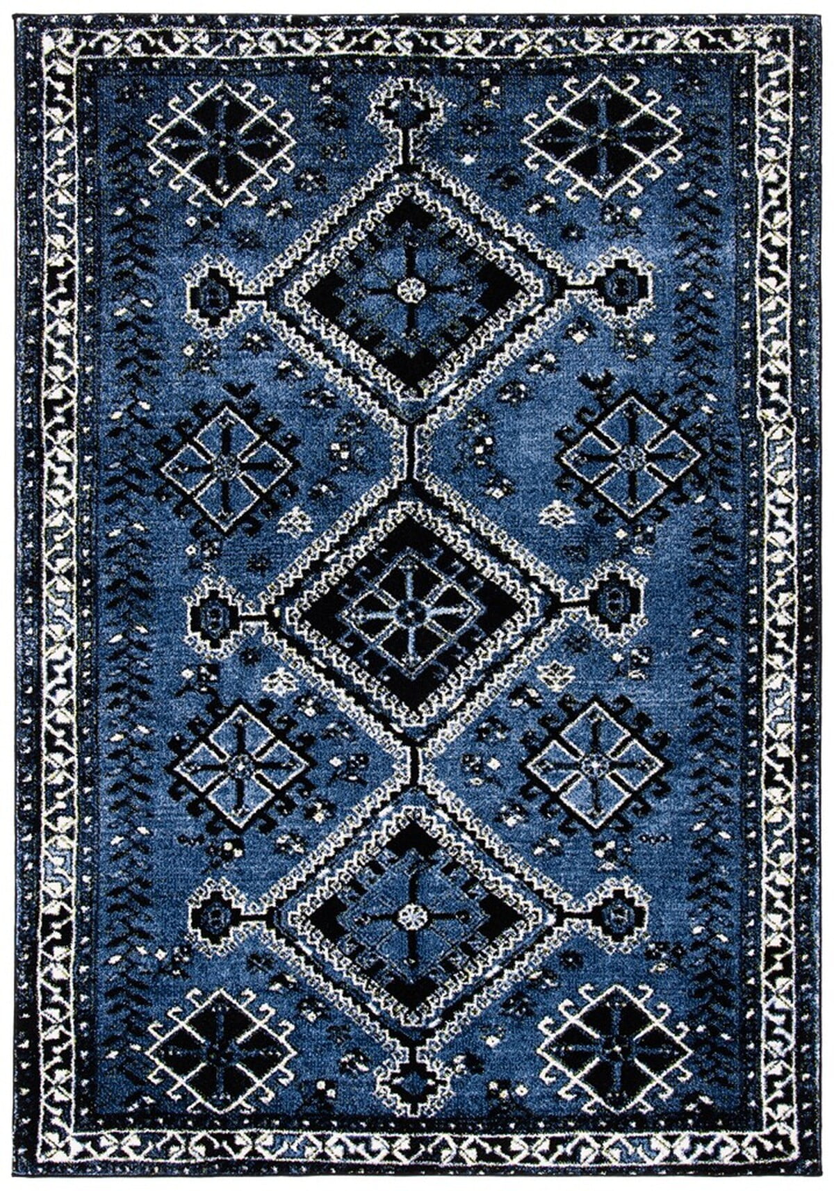 Blue and Black Rectangular Synthetic Vintage Area Rug