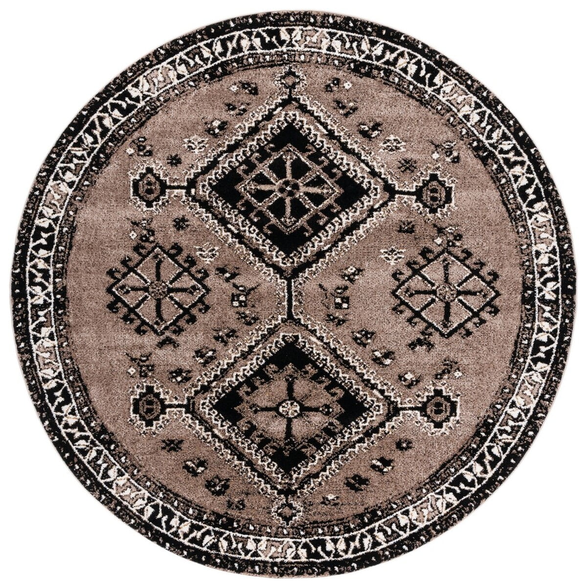 Vintage Black and Brown Round Synthetic Area Rug