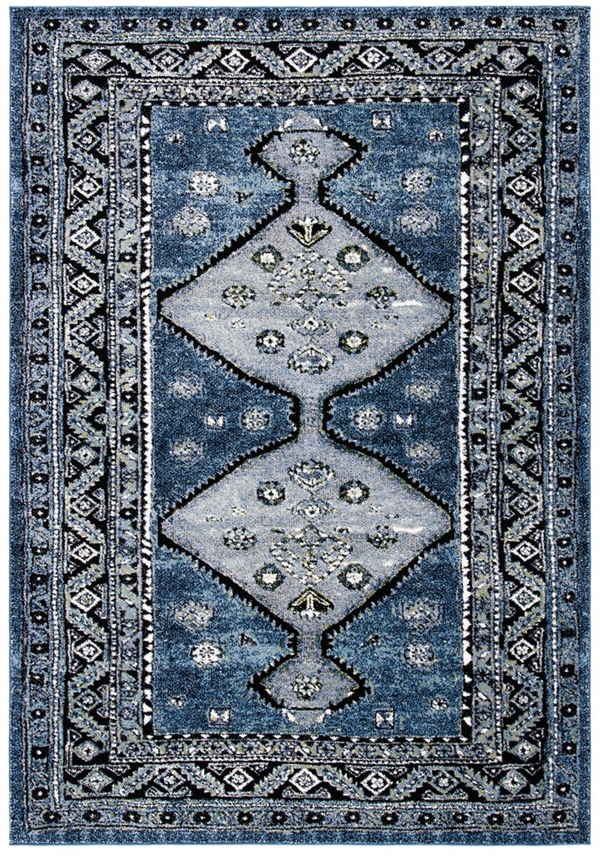 Vintage Blue and Grey Rectangular Synthetic Area Rug