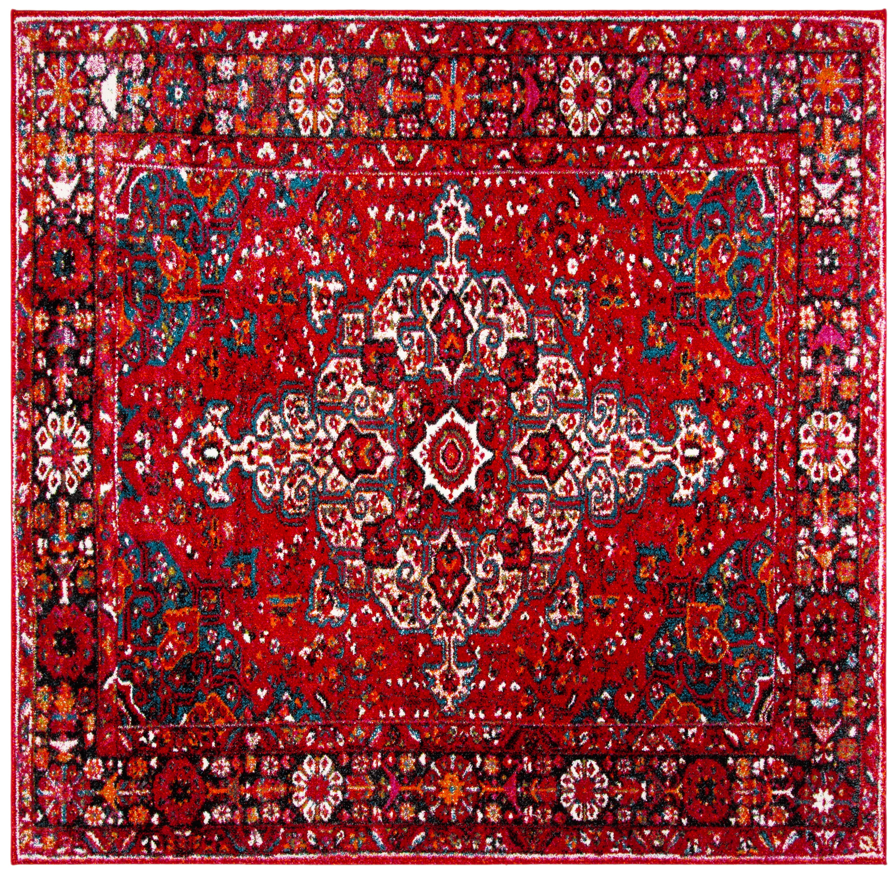 Red Floral Square Synthetic Area Rug