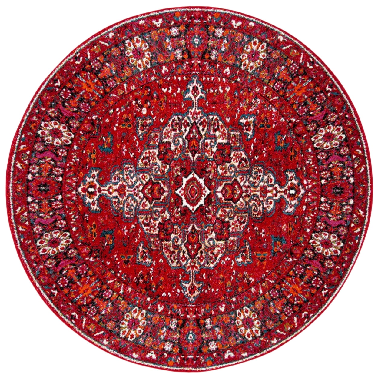 Safavid Style Red Synthetic Round Area Rug 6'7"