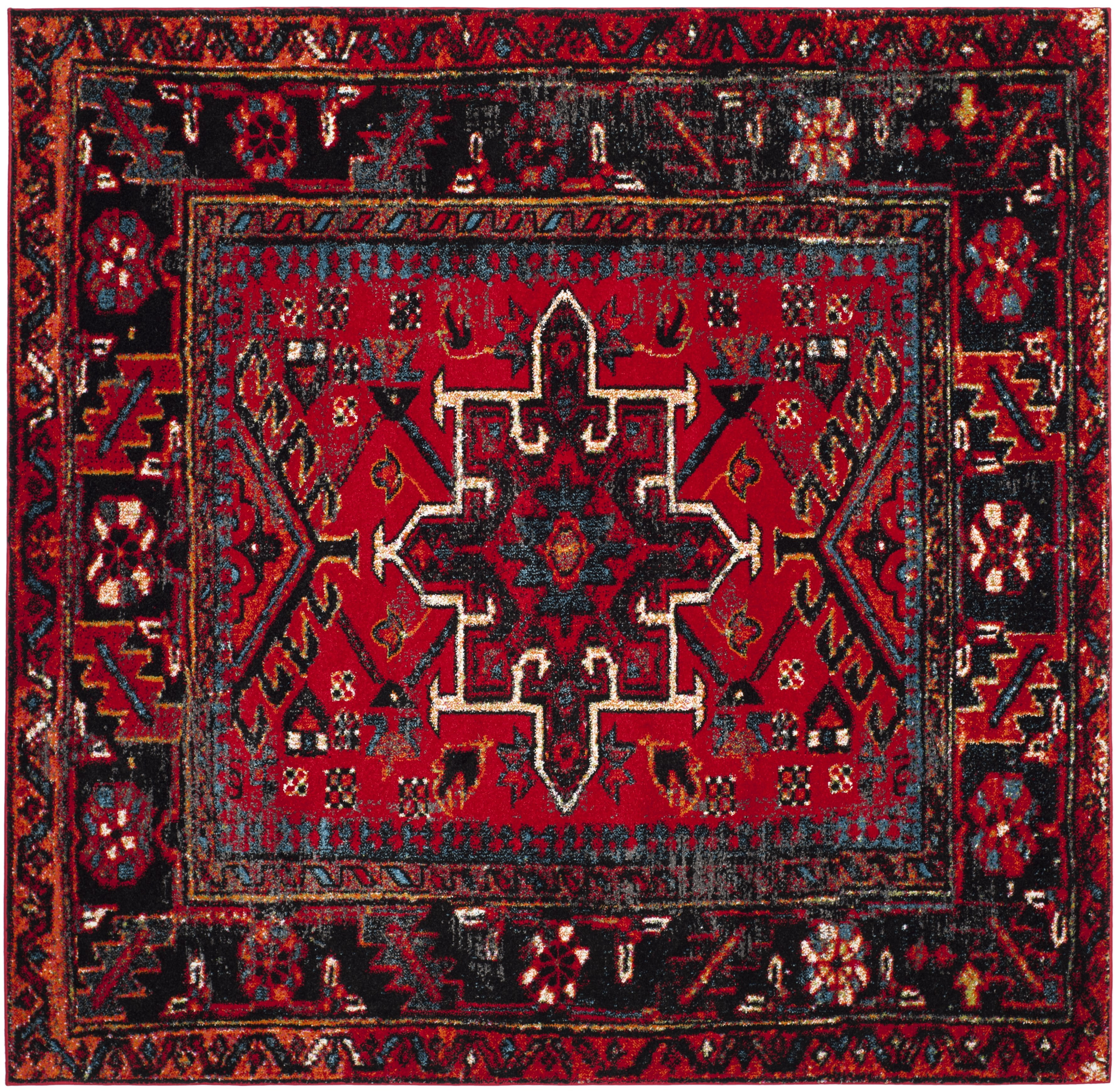 Vintage Red and Multi Synthetic Square Area Rug, 8'x8'