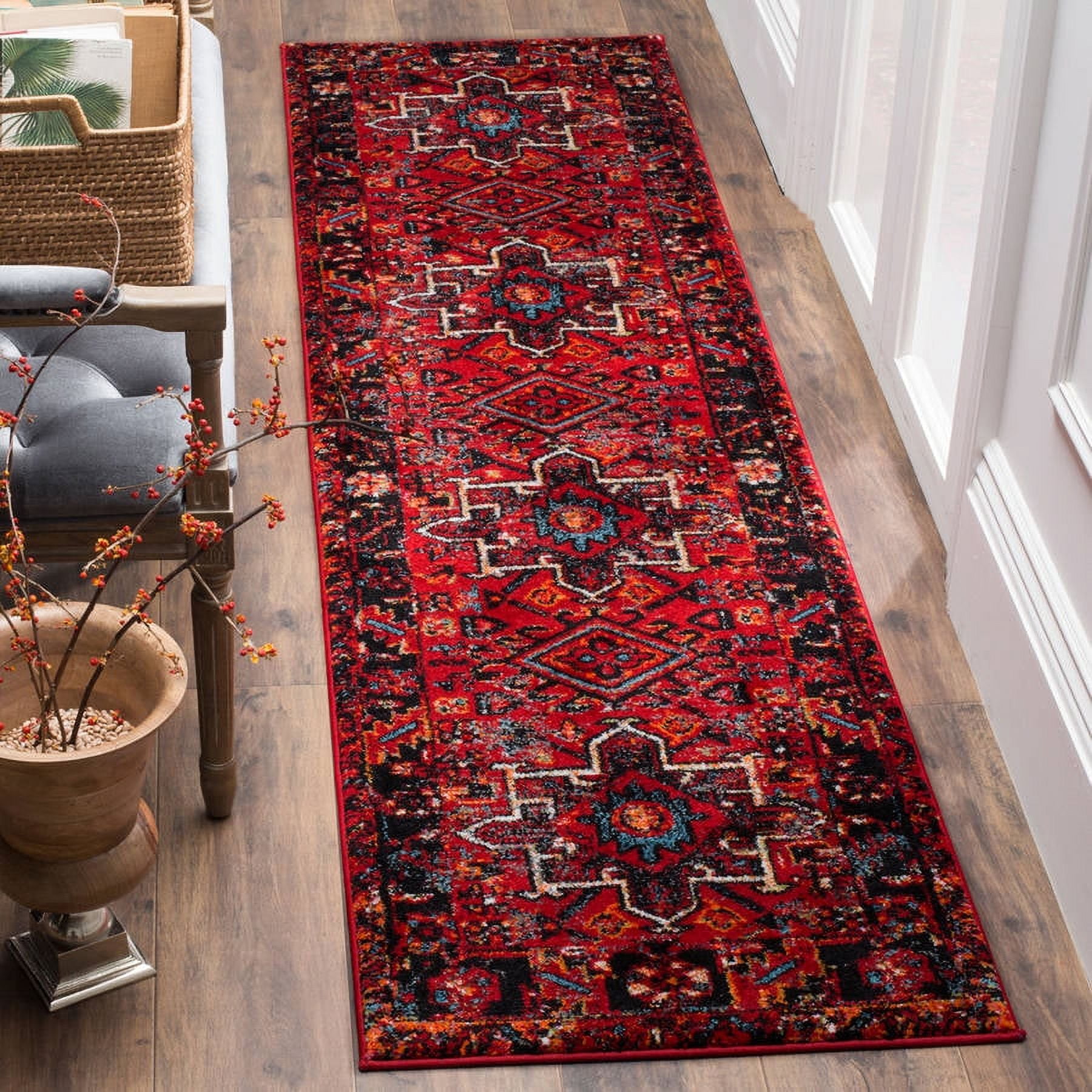 Vintage Red and Multi Medallion High Pile Runner Rug