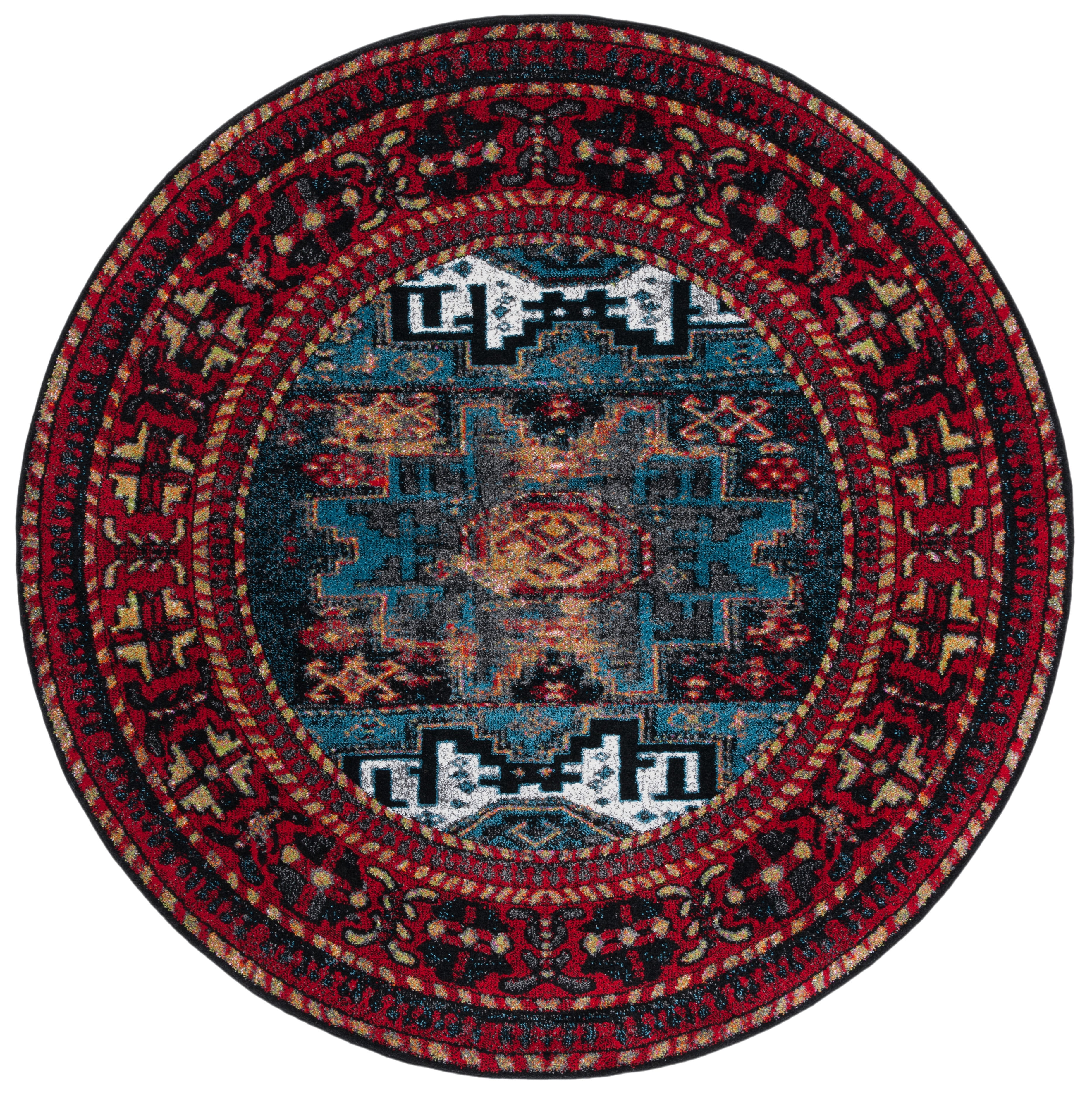 Vintage Red and Blue Round Floral Synthetic Rug