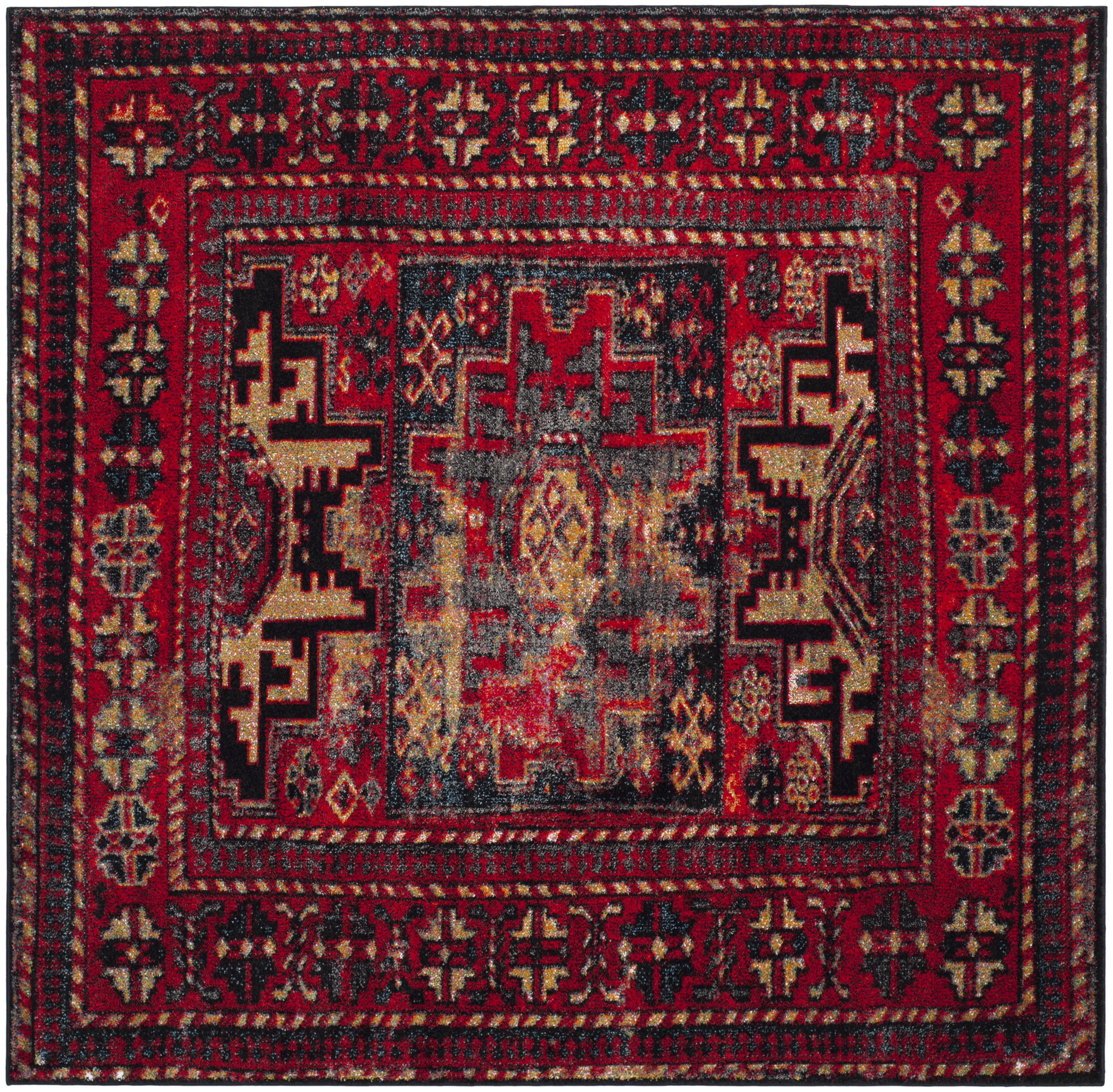 Vintage Red and Multi Synthetic Square Area Rug, 8'x8'