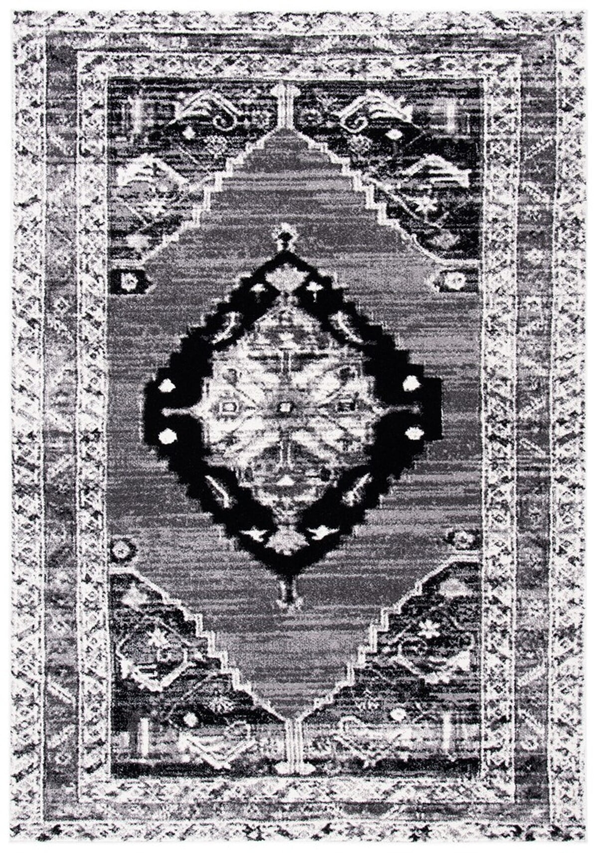 Grey and Ivory Hand-Knotted Synthetic Rectangular Area Rug