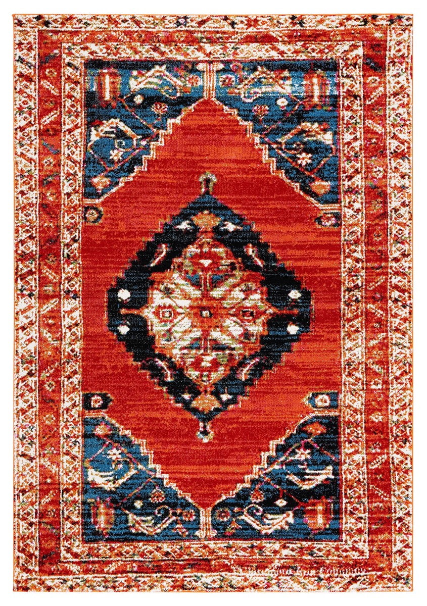 Vintage Red and Navy Rectangular Synthetic Area Rug